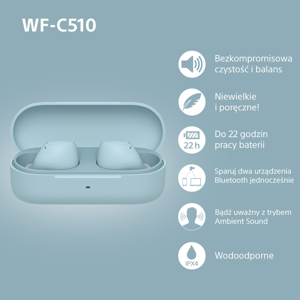 Para jasno niebieskich bezprzewodowych słuchawek w etui ładującym. Etykiety tekstowe. Niebieskie tło.