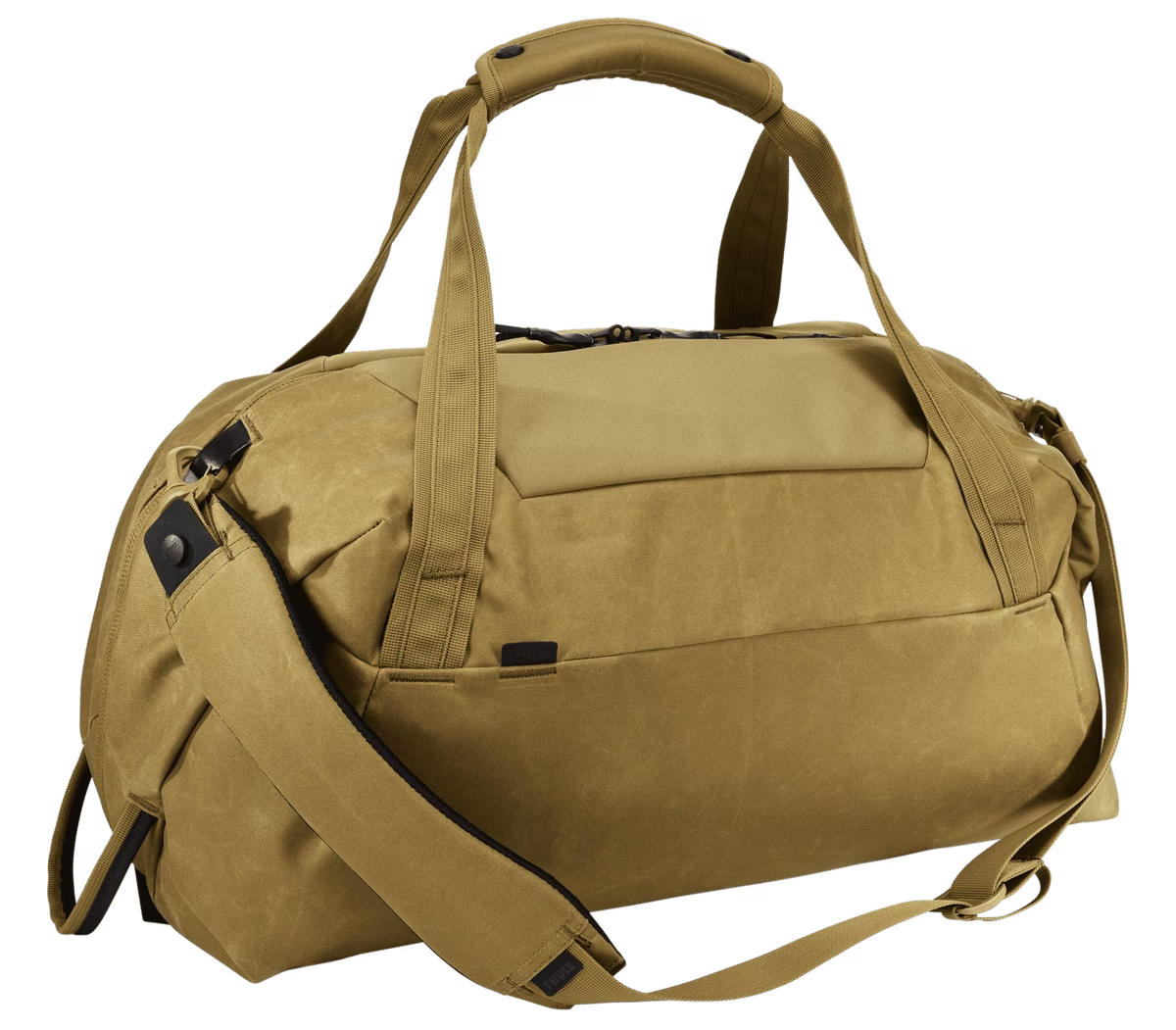Khaki sporttáska vállpánttal. Fekete részletek és cipzár az oldalon.
