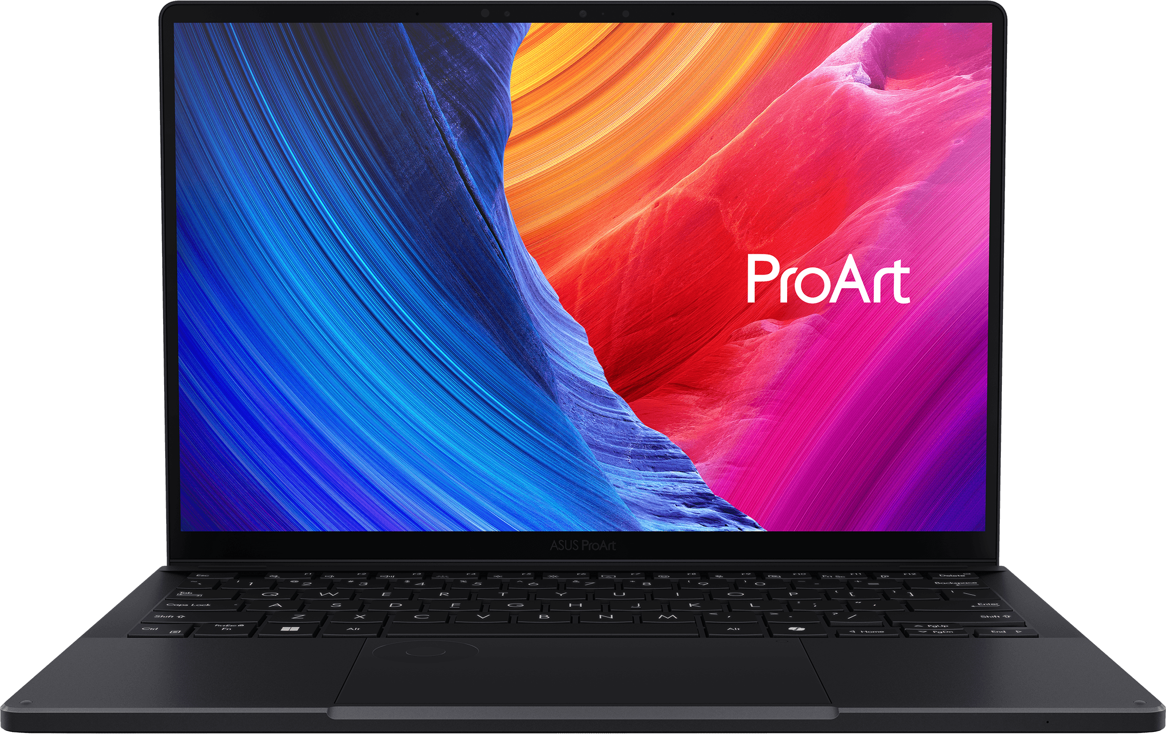 Asus ProArt laptop nyitva, színes kijelző, fekete keret és billentyűzet, fekete felületen.