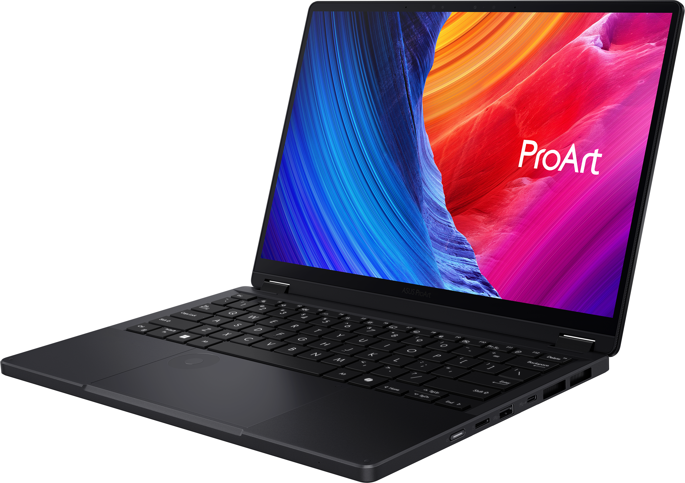 Fekete laptop fehér felületen. A képernyő színes grafikákat jelenít meg.