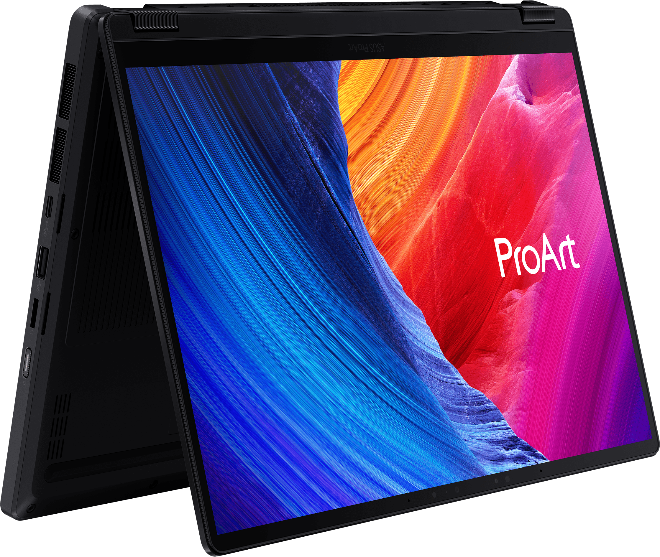 Egy fekete laptop a ProArt felirattal a képernyőn.