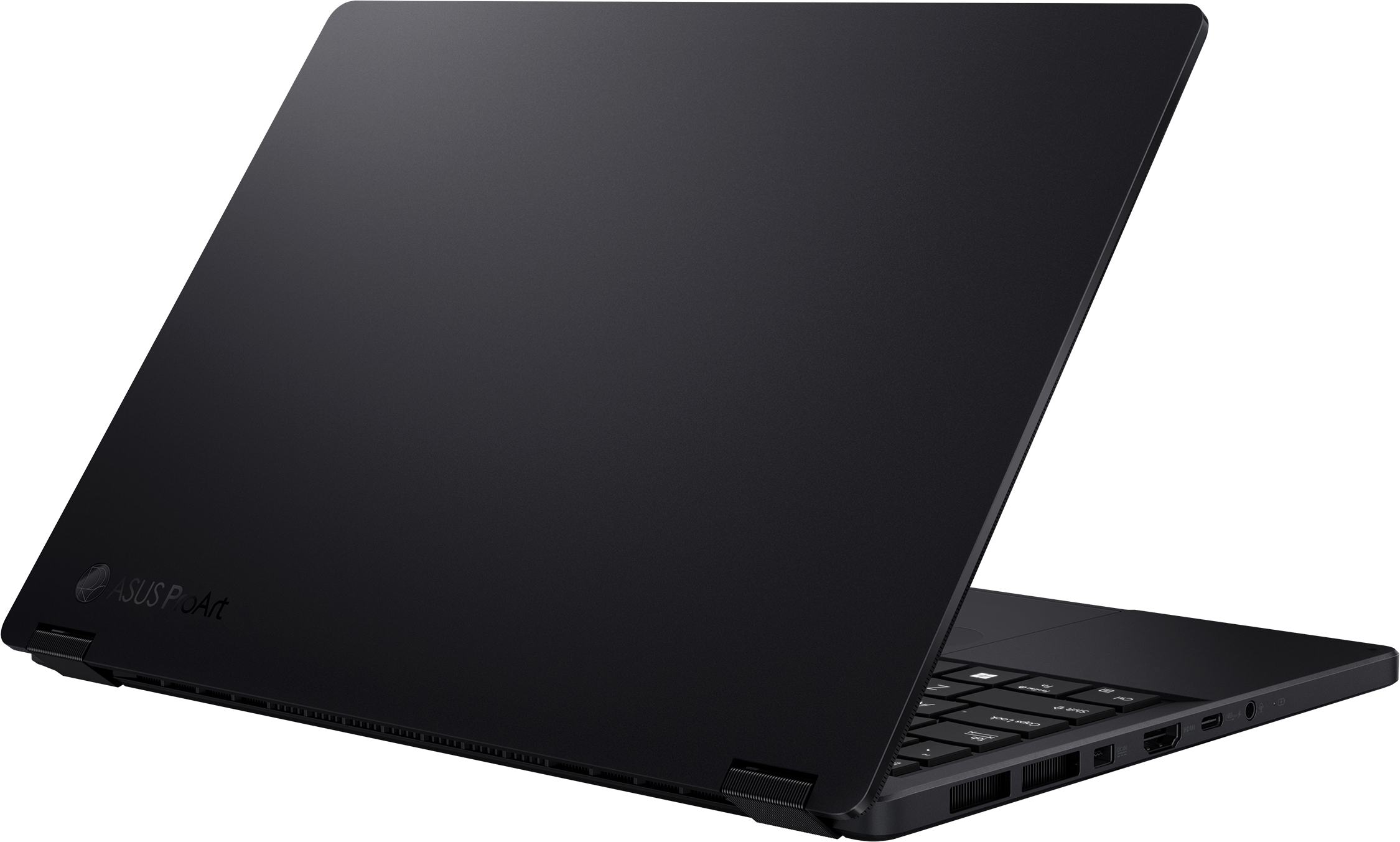 Fekete laptop, szöget bezárva nyitva, ASUS ProArt logó látható. Billentyűzet és képernyő látható.