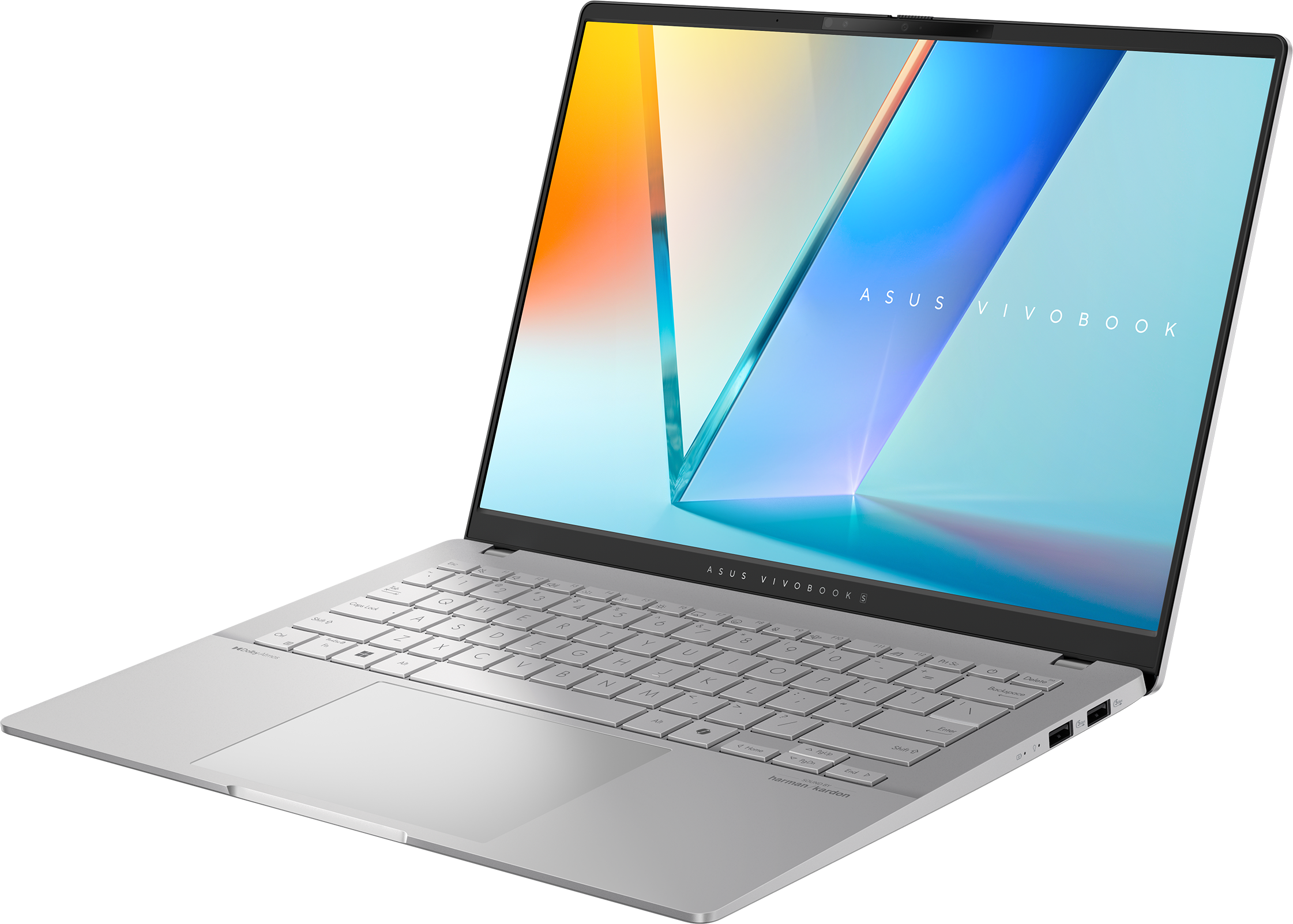 Egy ezüst laptop világító képernyővel nyitva. A képernyő színes dizájnt mutat. A háttér fekete.
