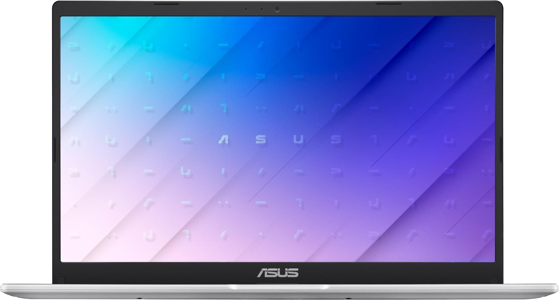 Ezüst ASUS laptop. A képernyő kék és lila gradiens mintát jelenít meg, ASUS logóval.