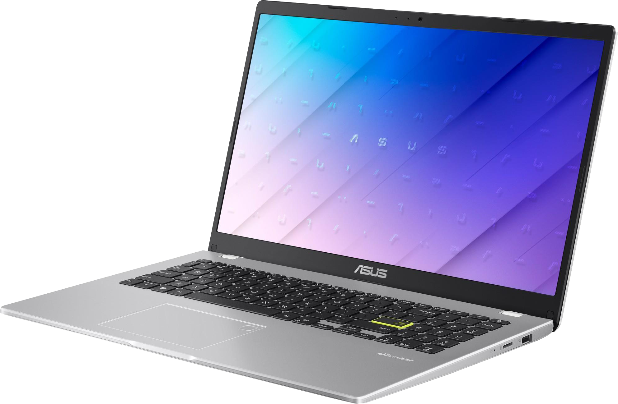 Ezüst és szürke laptop nyitva, a képernyő színes hátteret jelenít meg.