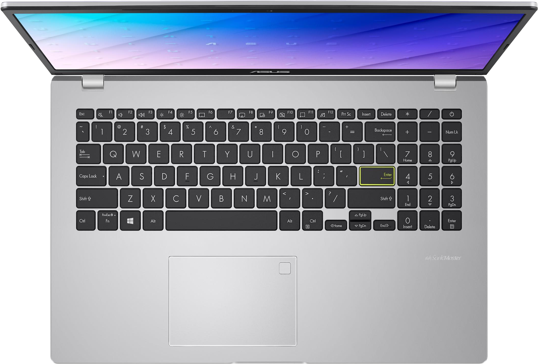 Nyitott laptop billentyűzettel, érintőpaddal és képernyővel.