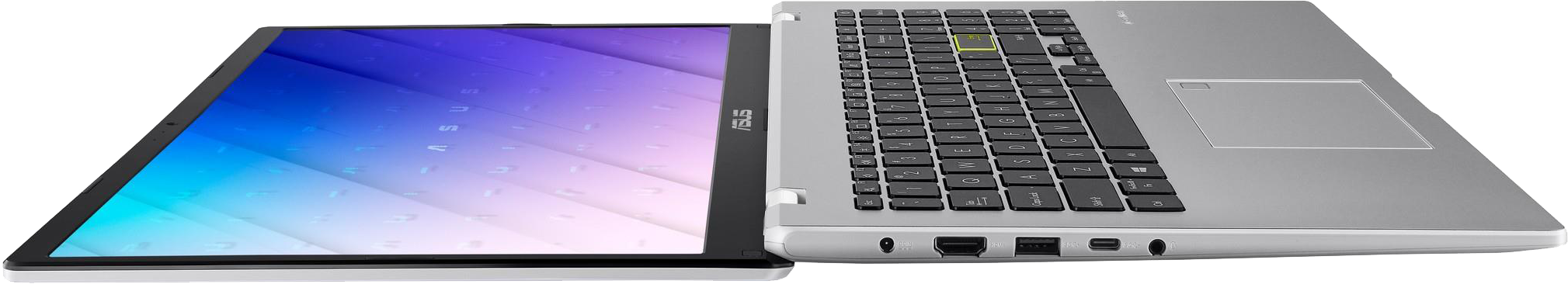 Nyitott laptop kék színátmenettel a képernyőn, billentyűzet látható.