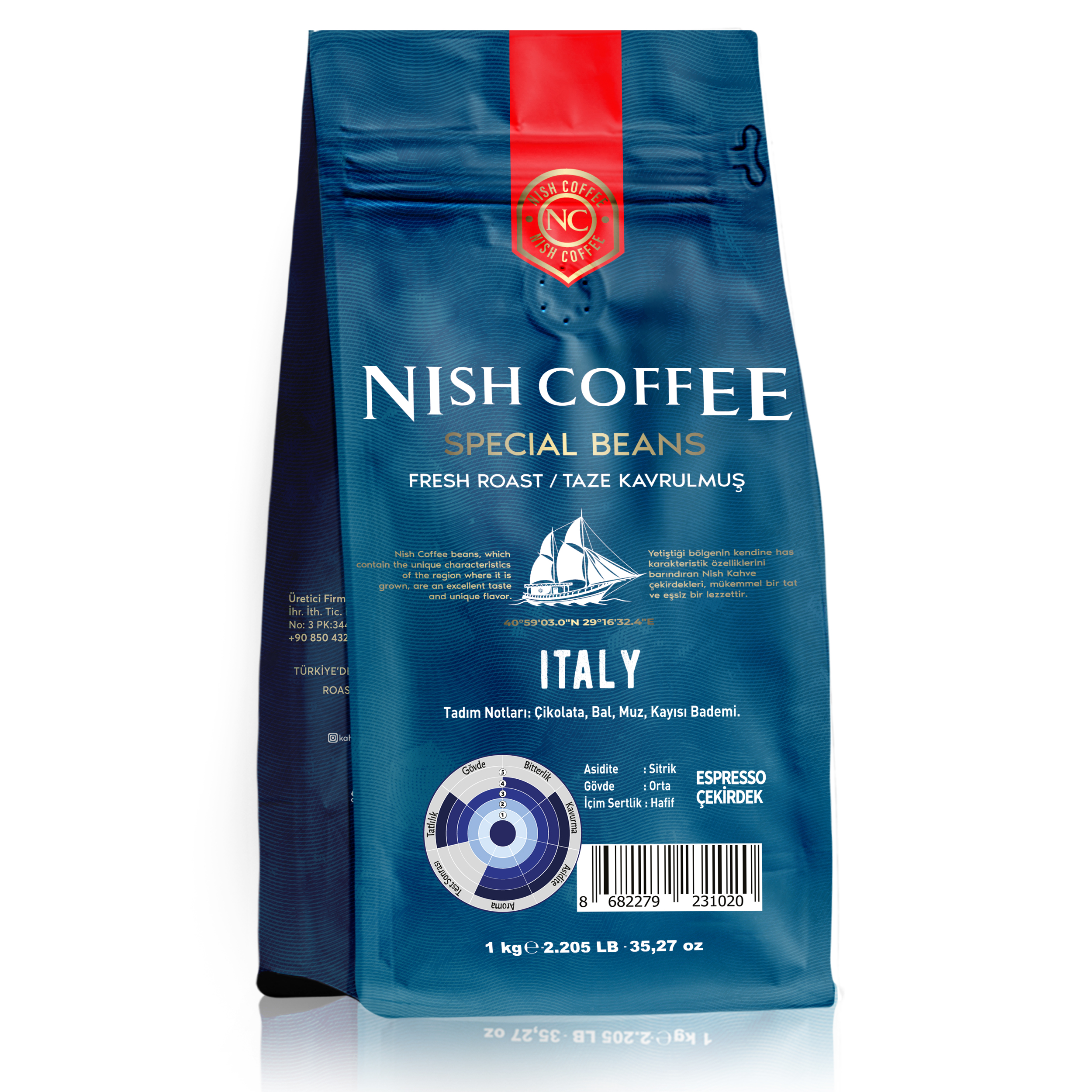 Nish Coffee Special Beans'in mavi poşeti, metin ve denizcilik illüstrasyonu ile.
