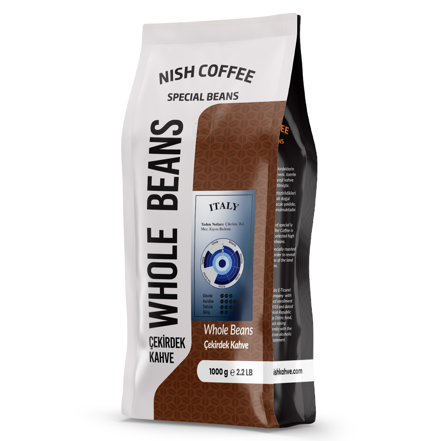 İtalyanca metin ve görsel bir grafik içeren bir Nish Coffee Whole Beans torbası.