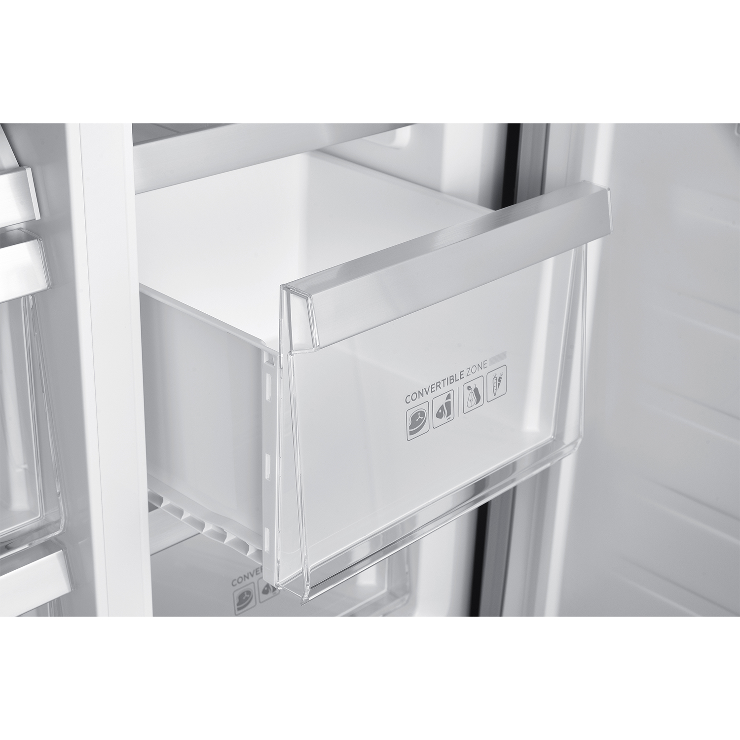 Cassetto frigorifero bianco con frontale trasparente, icone sul davanti.