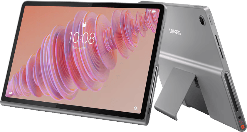 Ezüst tablet állvánnyal. Képernyő időt és absztrakt hátteret mutat. Lenovo logó.