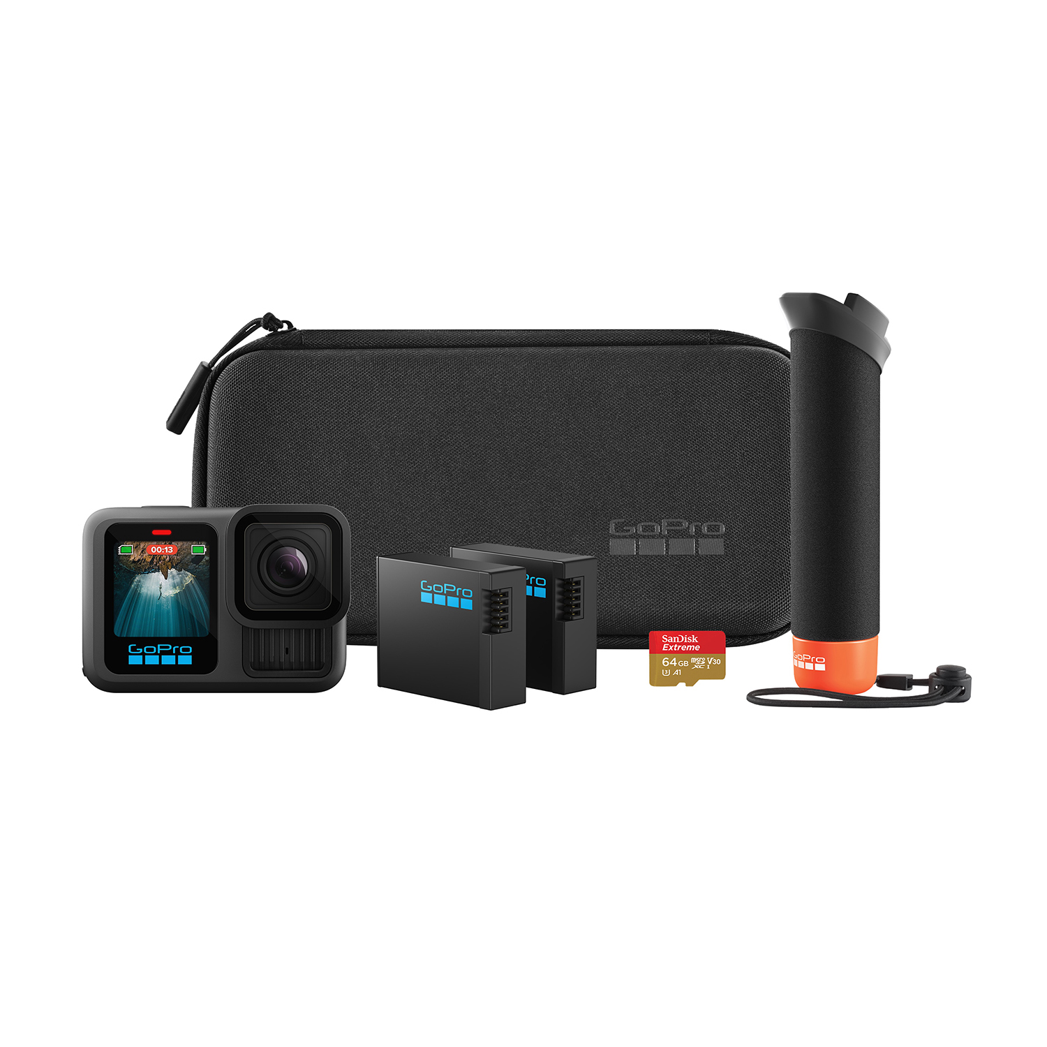 Kit fotocamera GoPro: fotocamera, batterie, scheda SD, custodia e maniglia, tutto nero.