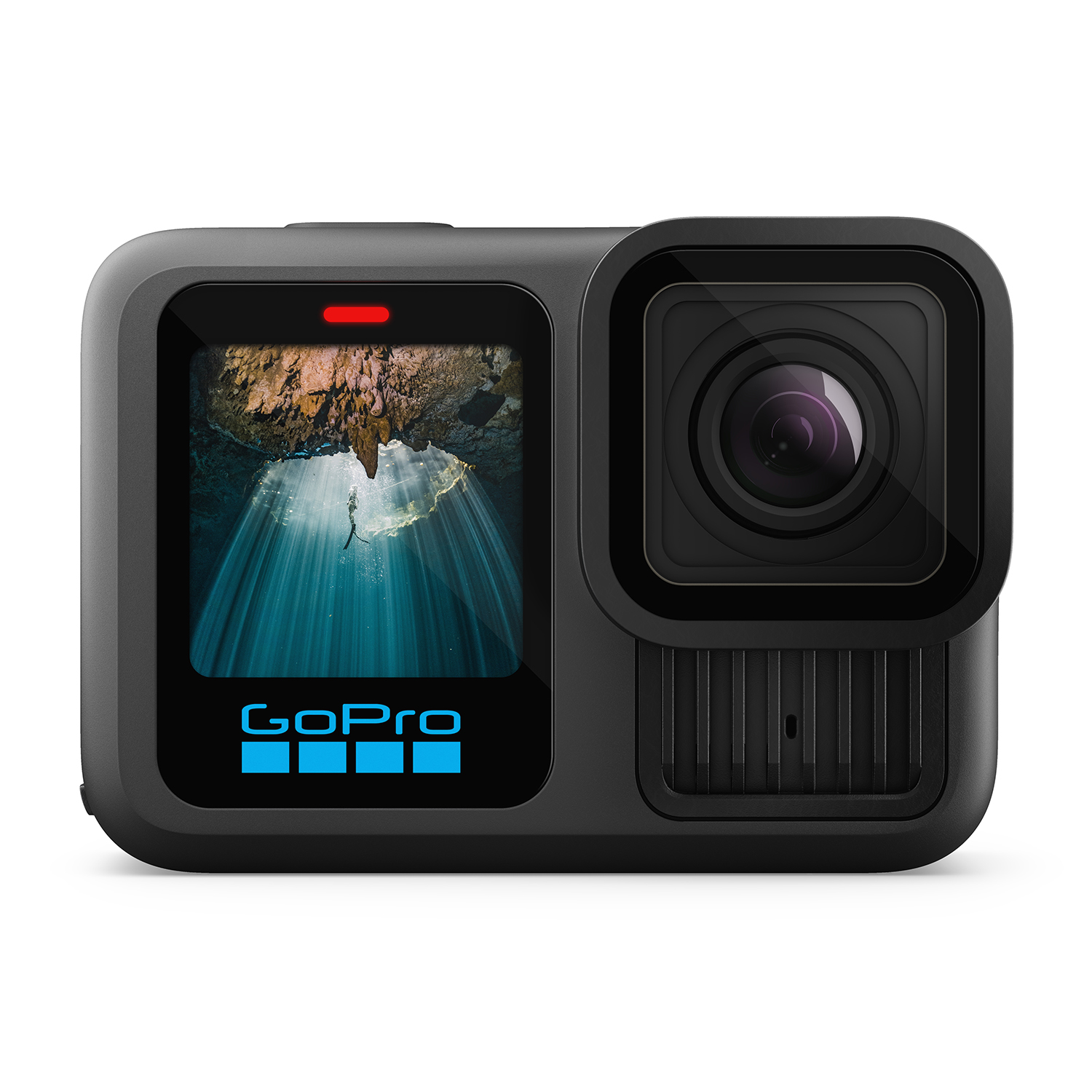 Fotocamera GoPro, nera con schermo che mostra una persona sott'acqua. Sfondo bianco.