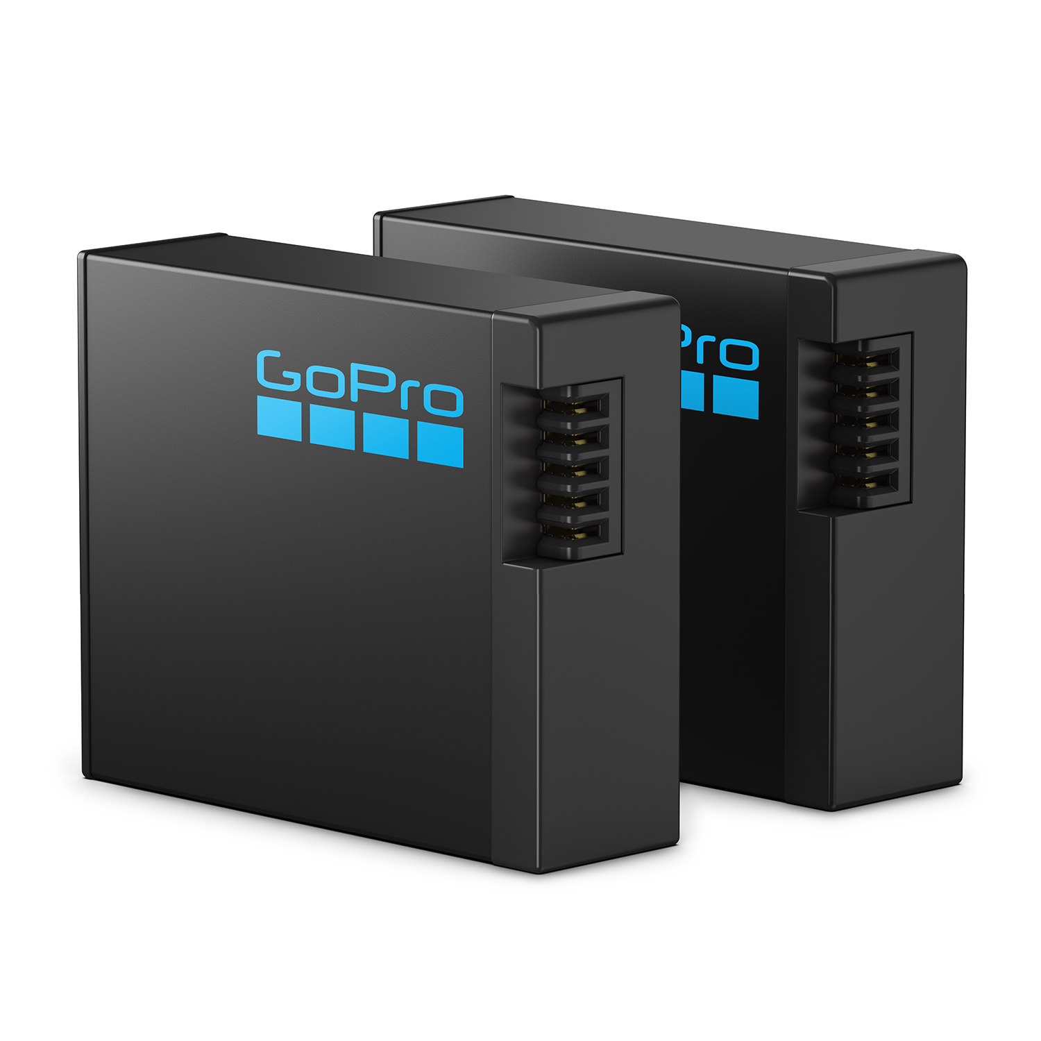 Due caricabatterie GoPro neri con il logo GoPro in blu.