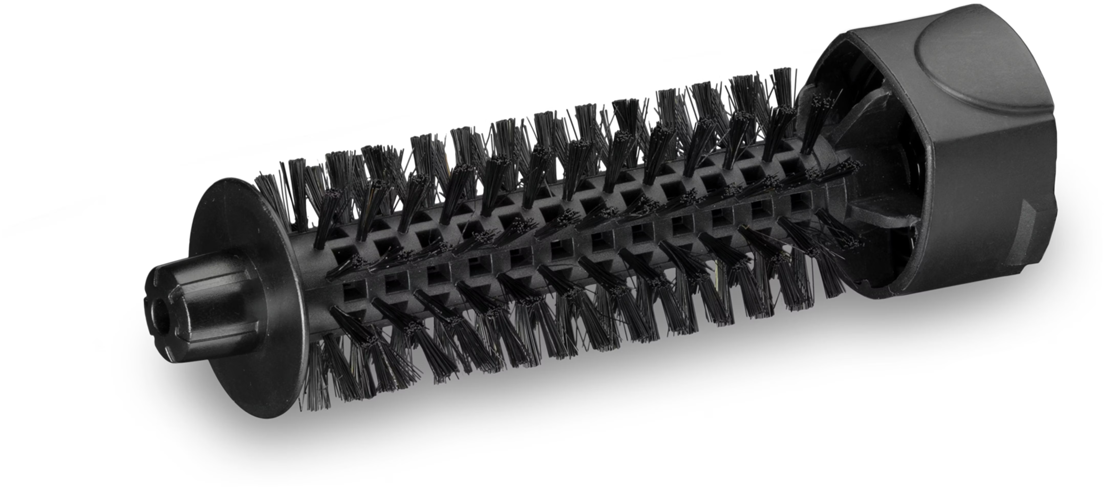 Nakładka do suszarki do włosów, cylindryczna szczotka z czarnym włosiem na białym tle.