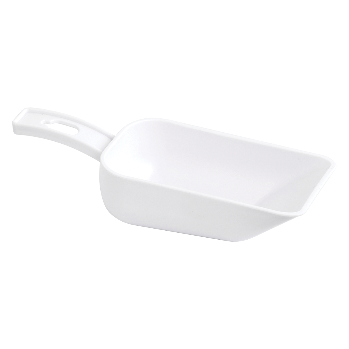 Beyaz bir arka plan üzerinde izole edilmiş, saplı beyaz plastik kepçe. Kepçe boş.