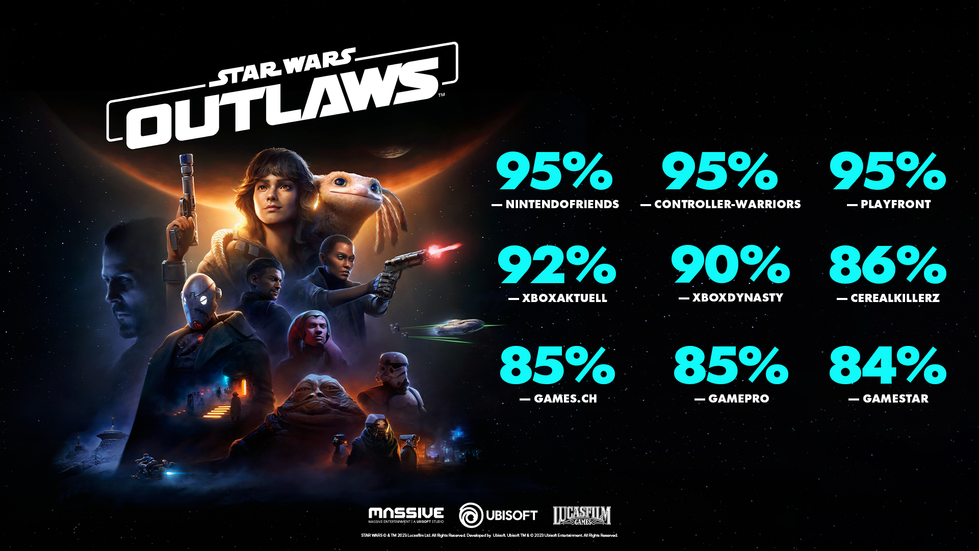 Werbebild für das Spiel Star Wars Outlaws. Verschiedene Prozentsätze und Logos sind vorhanden.