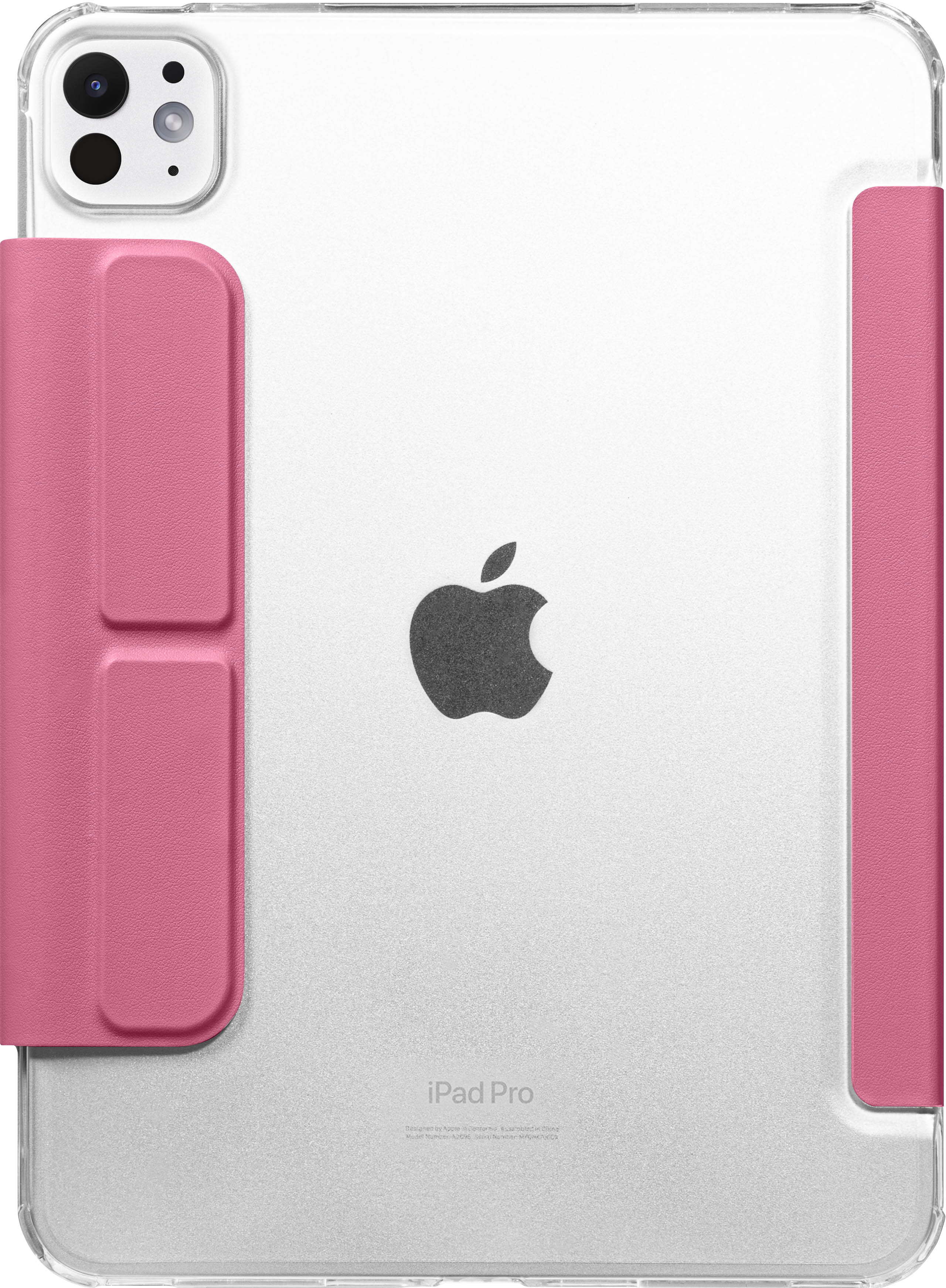 Eine iPad Pro Hülle mit pinkfarbener Abdeckung und klarer Rückseite, Apple Logo.