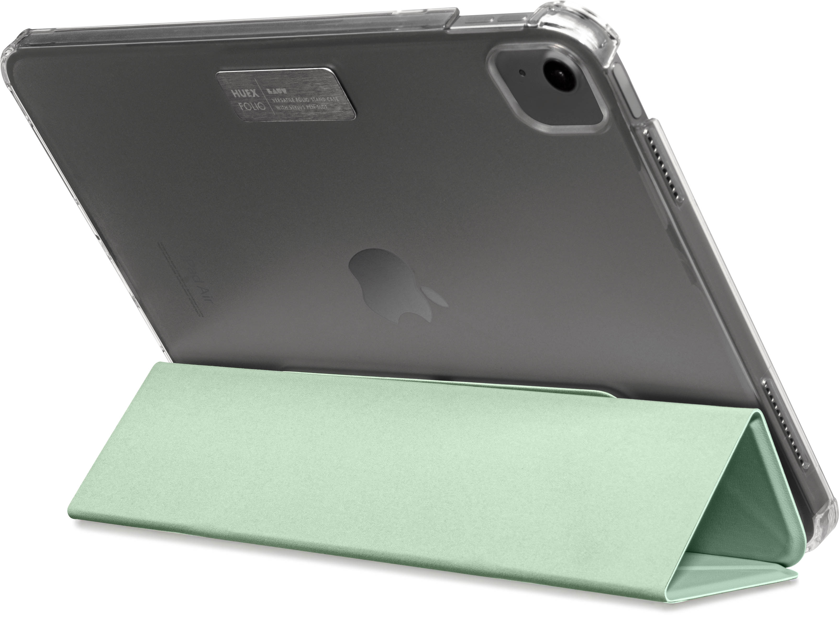 Ein iPad mit Schutzhülle, auf einem mintgrünen Ständer aufgestellt.
