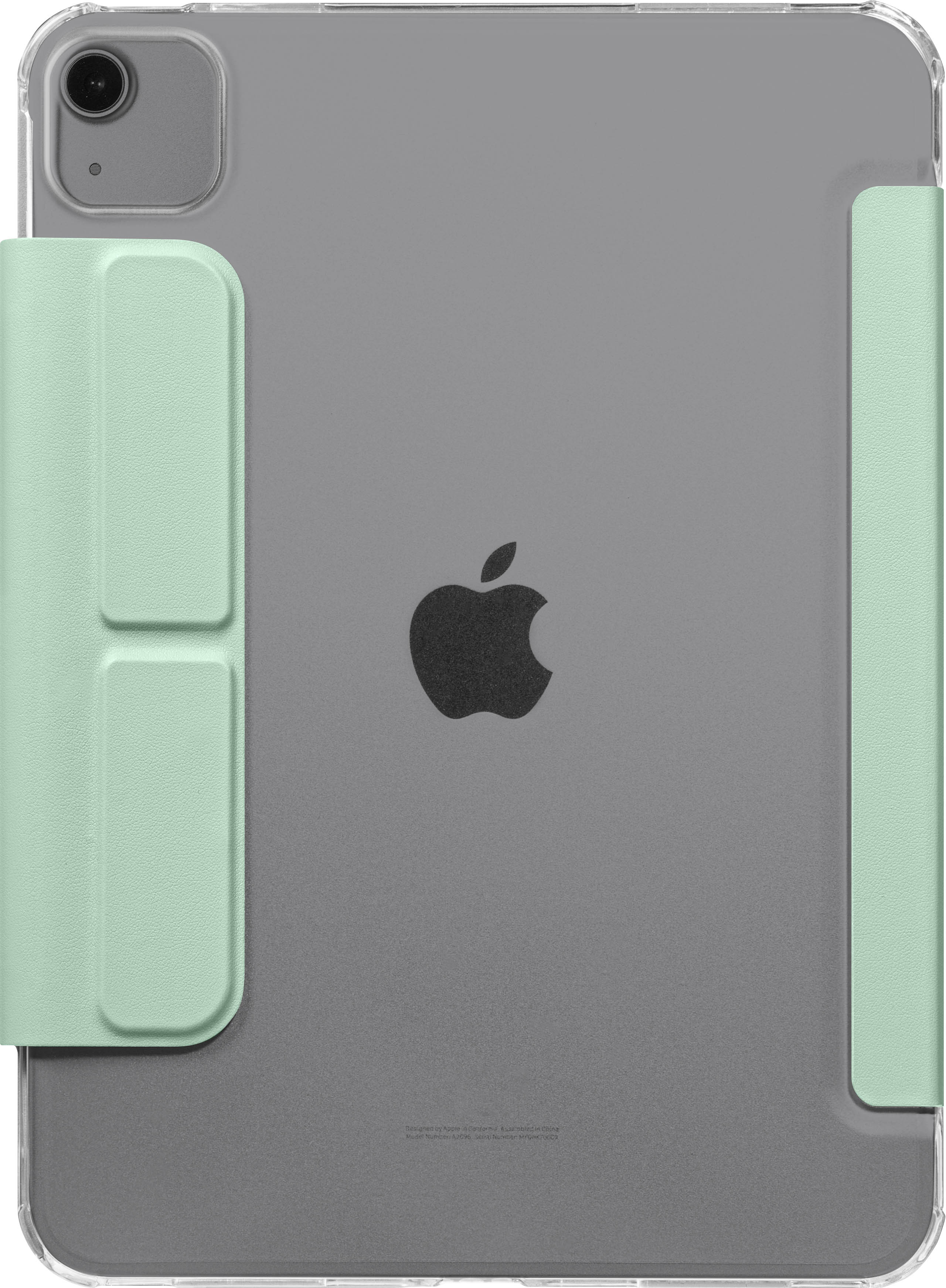 iPad mit grüner Hülle. Apple-Logo auf der Rückseite. Kamera und Tasten sichtbar.