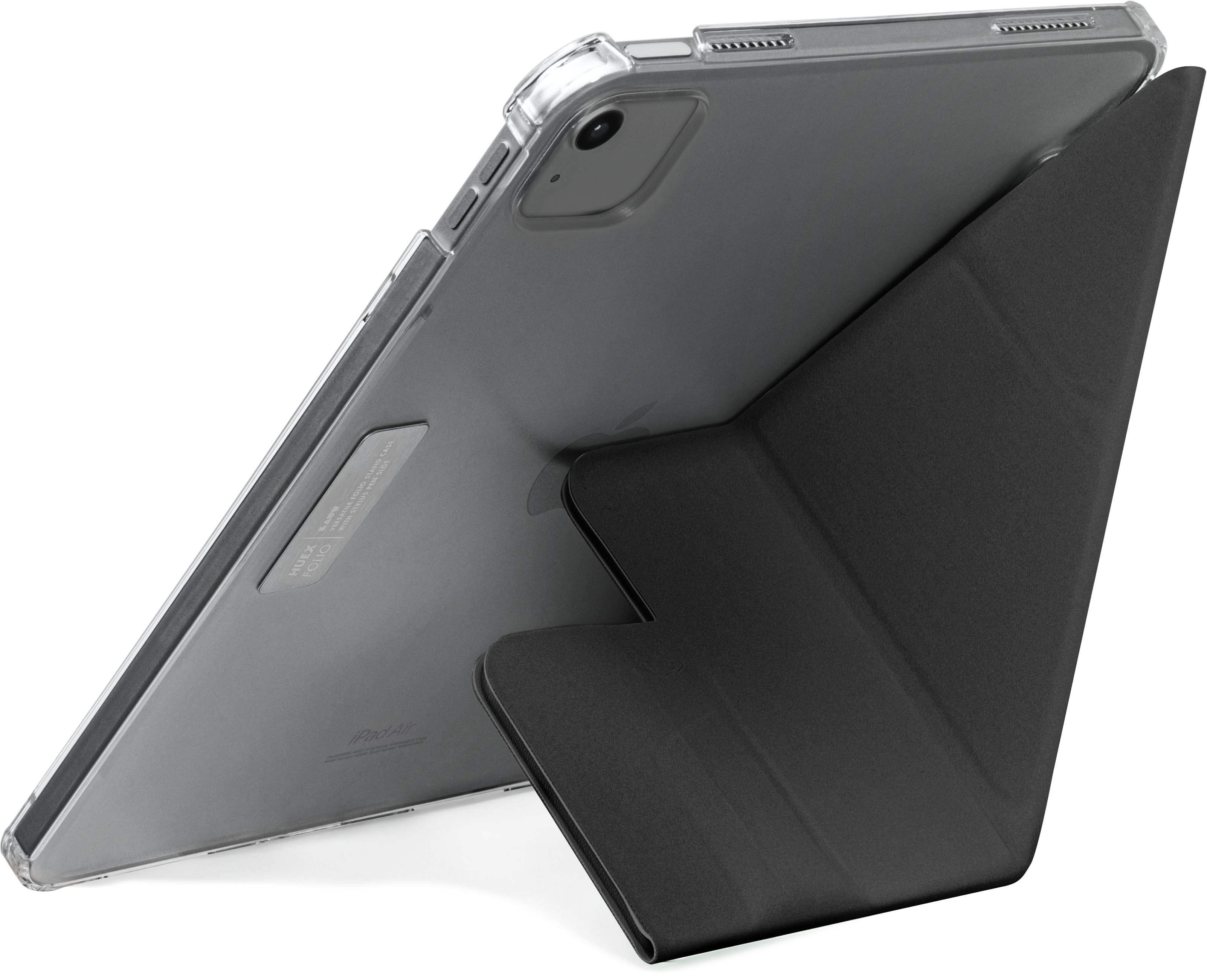 iPad Air in einer durchsichtigen Hülle, aufgestellt von einem schwarzen, faltbaren Ständer.