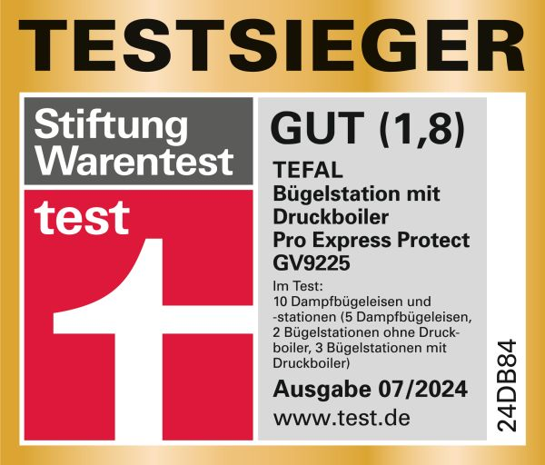 Testsieger-Label für die Tefal Bügelstation. Es steht "GUT (1,8)" und "test". Der Hintergrund ist Gold.