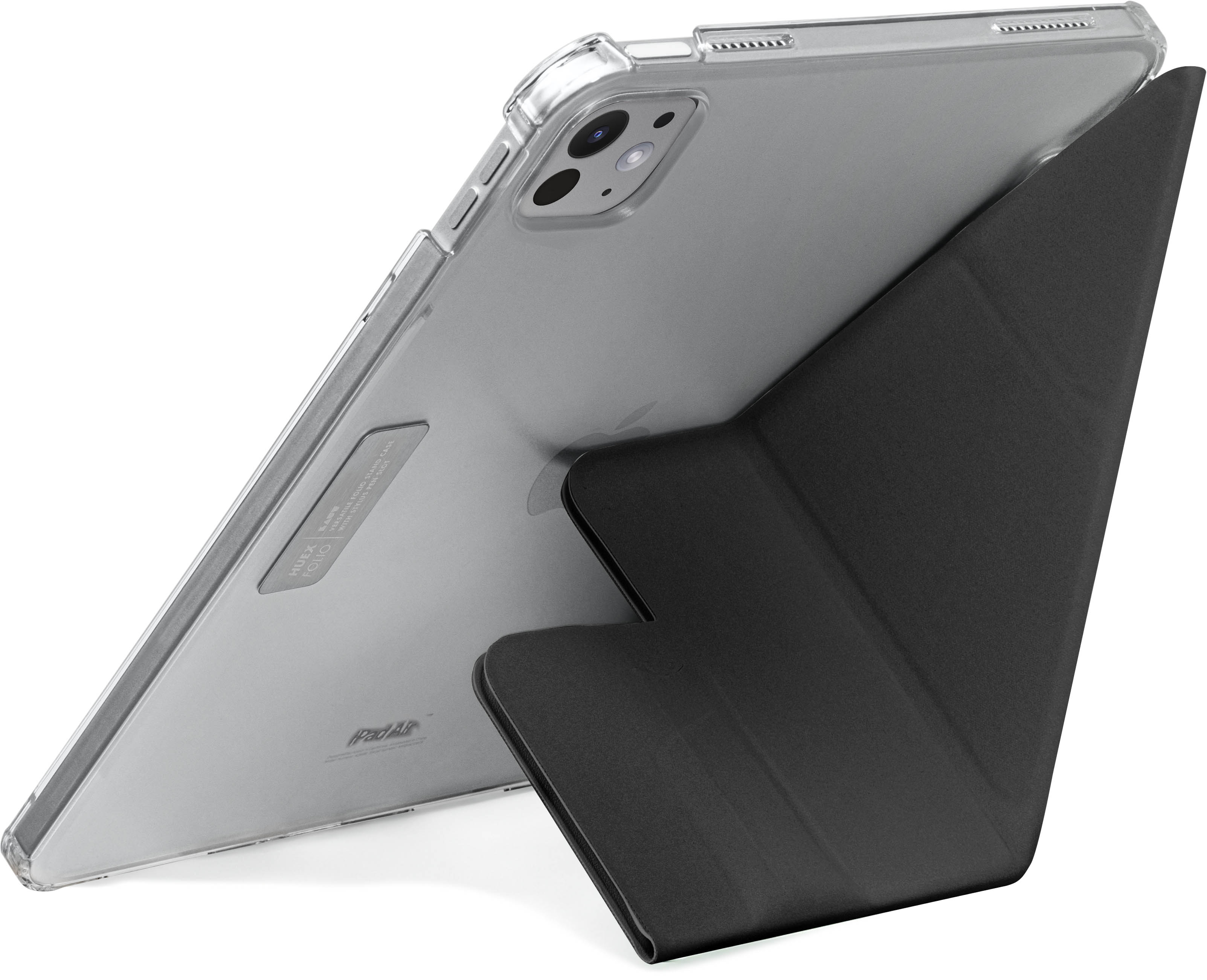 Étui de tablette transparent avec une tablette soutenue par son rabat plié sur fond blanc.
