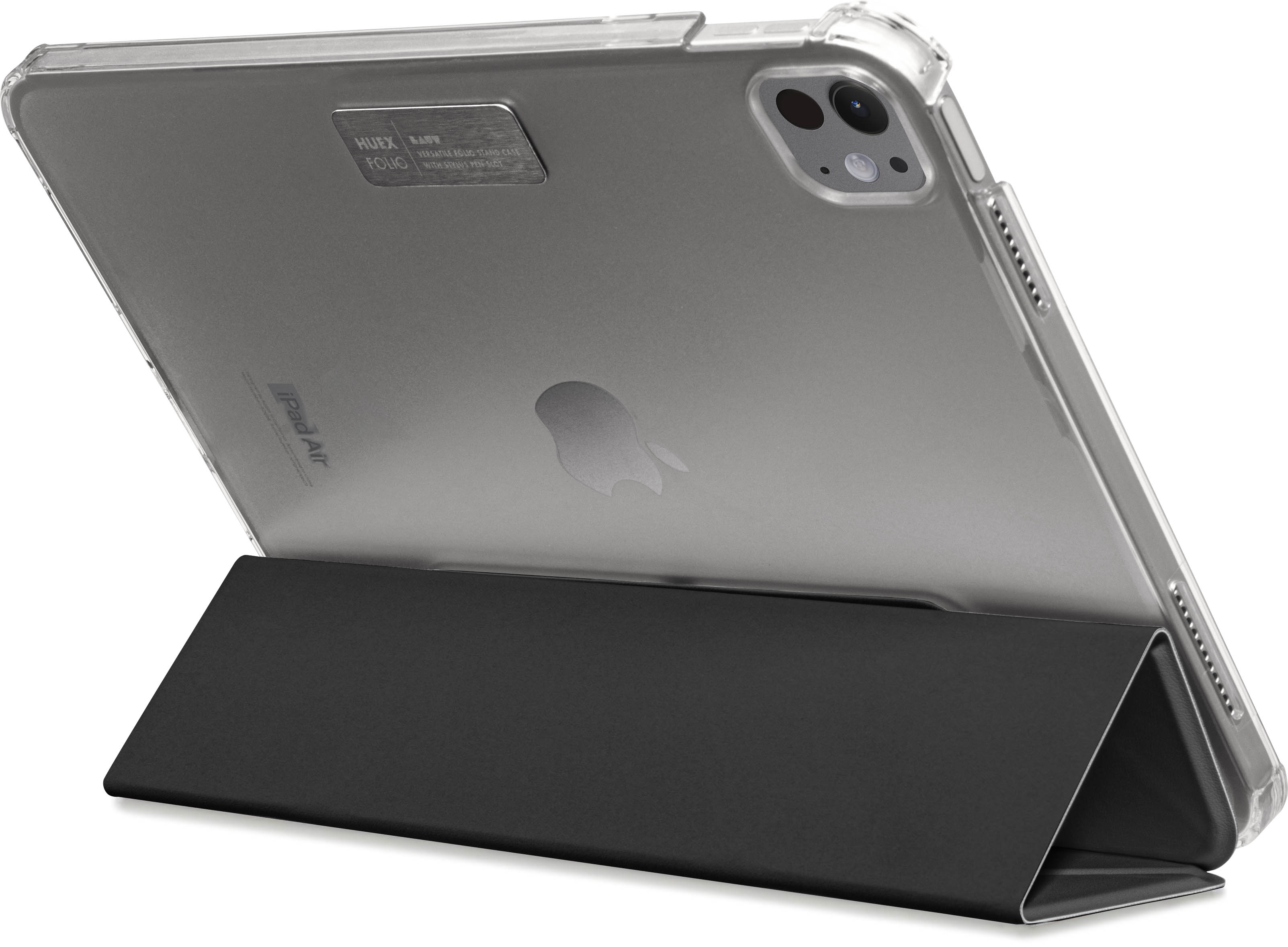 Un iPad Air dans un étui transparent avec un support noir, incliné pour montrer l'écran.