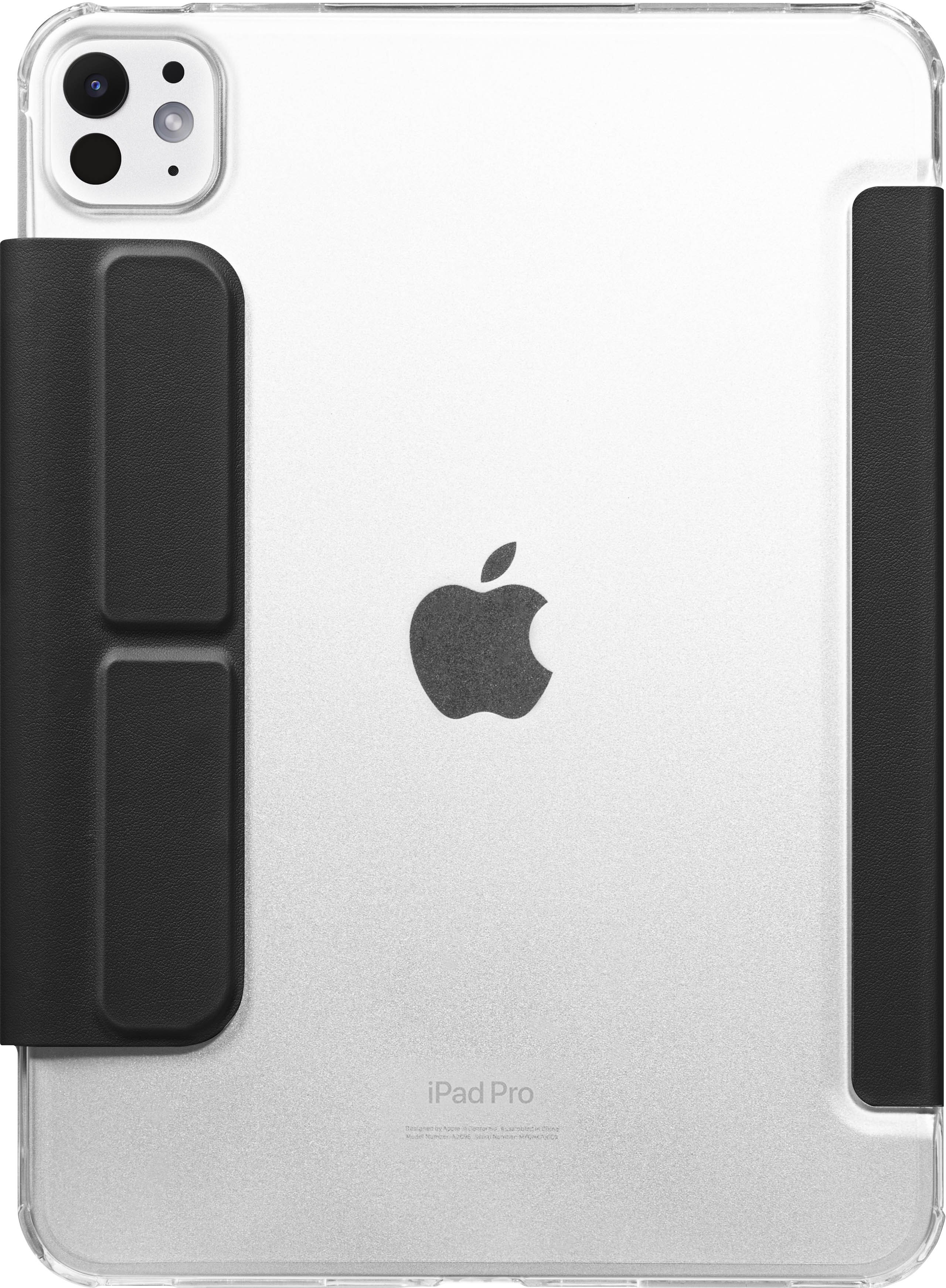 Apple iPad Pro avec une coque arrière transparente et un folio noir.