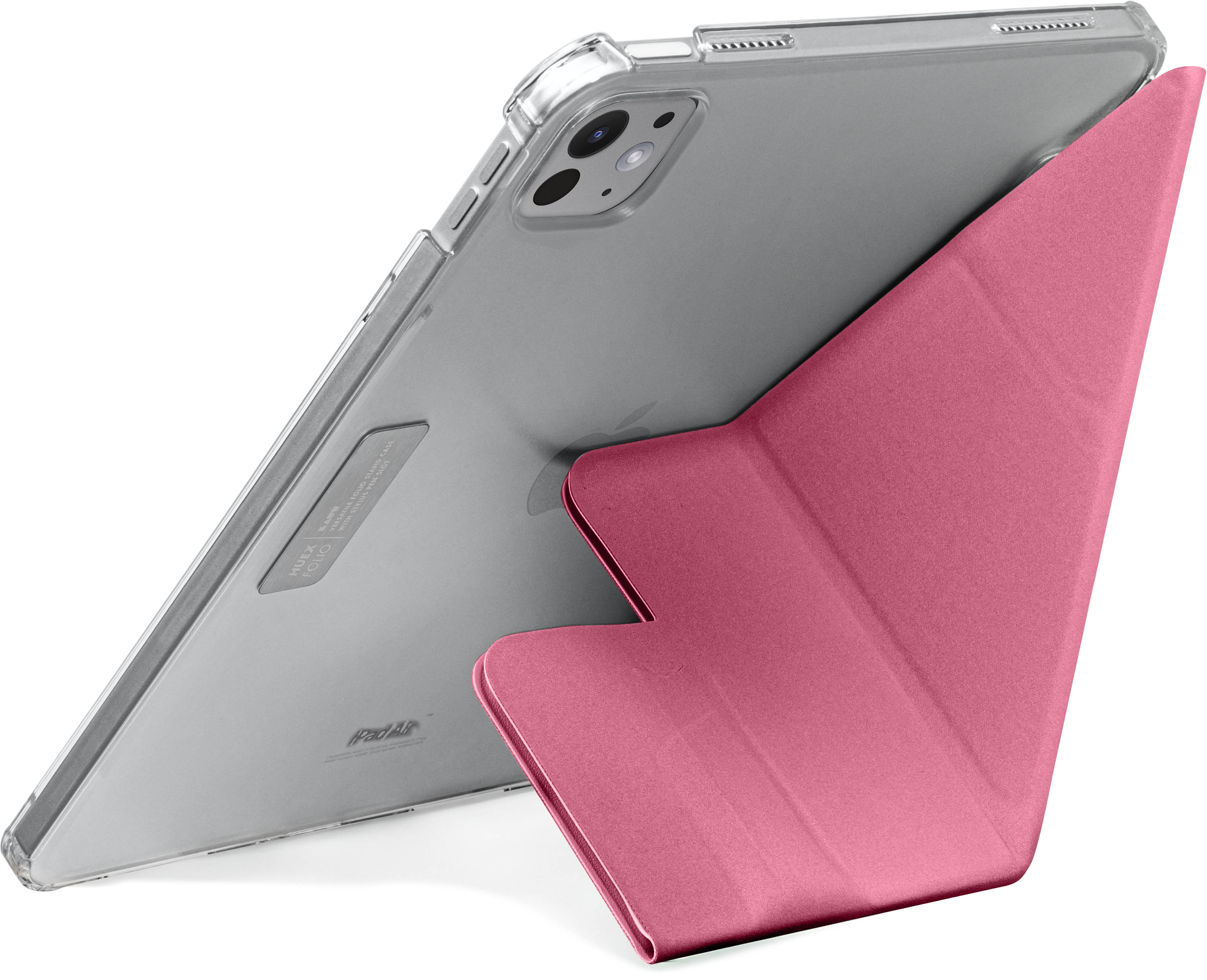Ein iPad Air in einem rosa Case, aufgestellt. Das Case ist ein faltbarer Ständer.