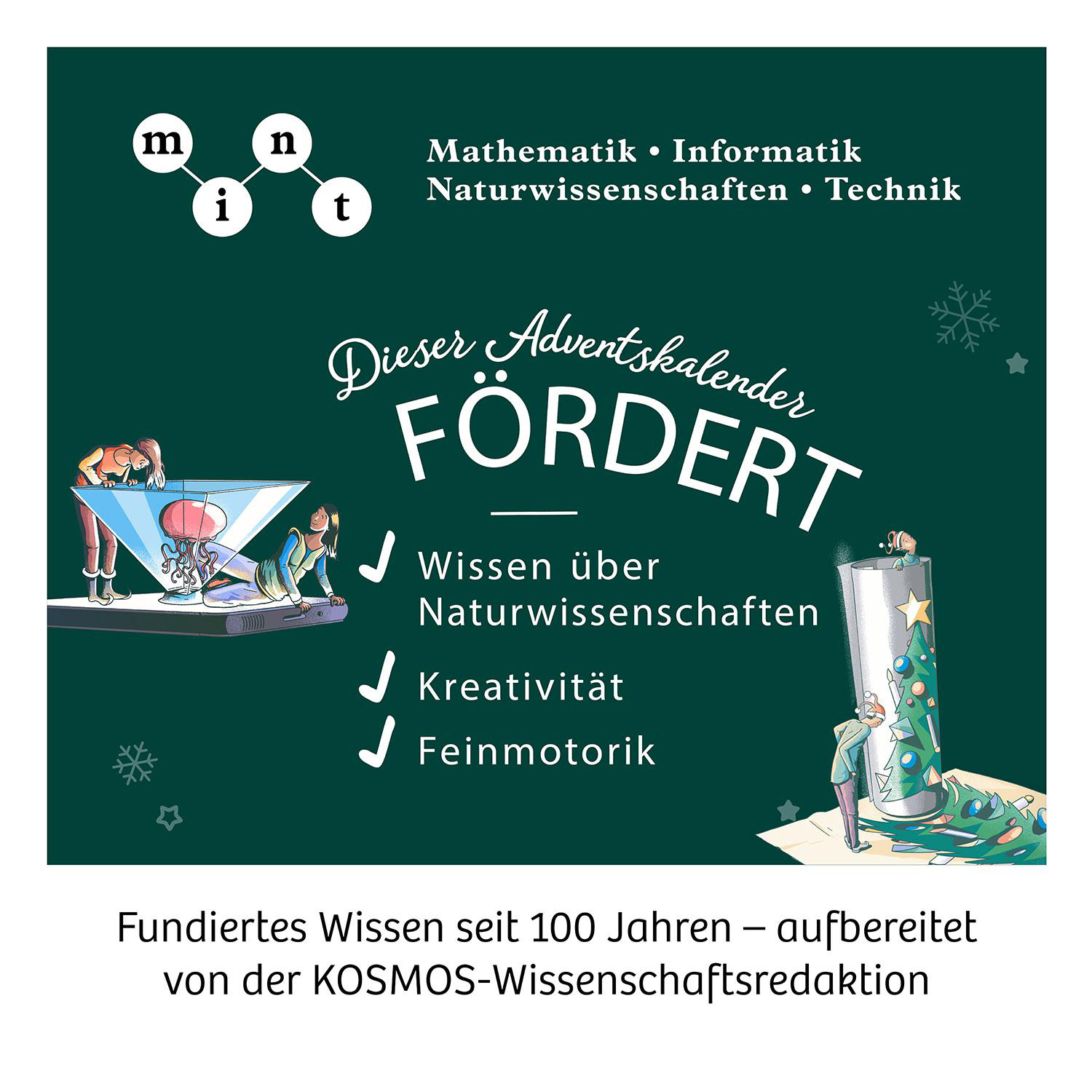 Ein Adventskalender mit deutschem Text und Illustrationen. Er fördert Wissenschaft und Kreativität.