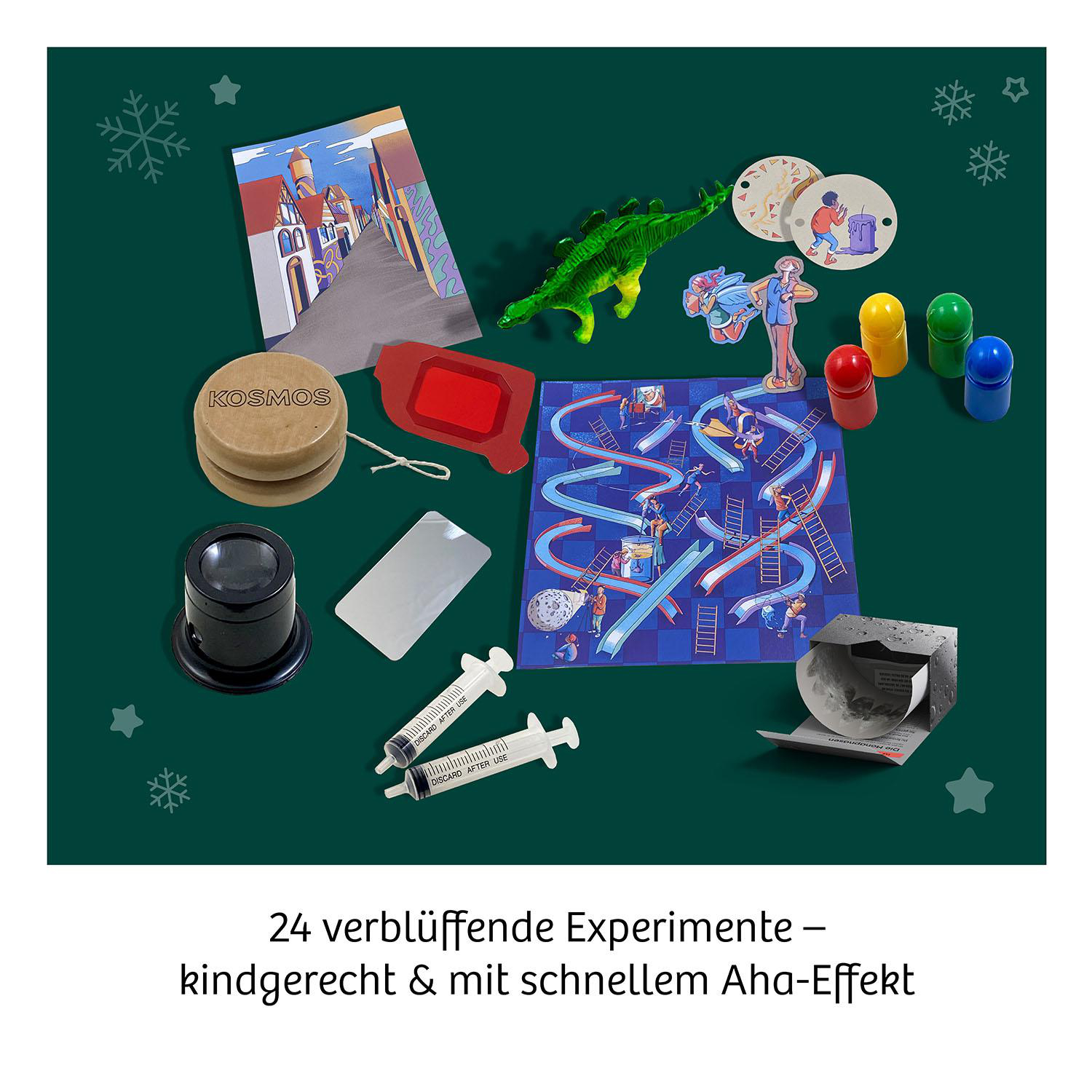 Ein Set aus Spielzeug und Spielen, mit deutschem Text, auf dunkelgrünem Grund.