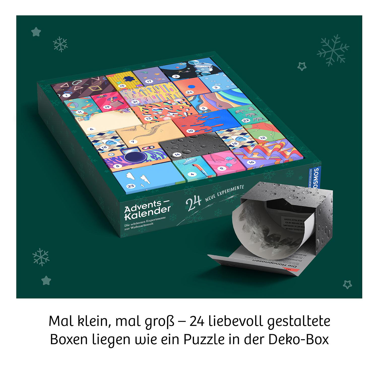 Adventskalender mit bunten Boxen. Eine Box geöffnet, mit Mondbild.