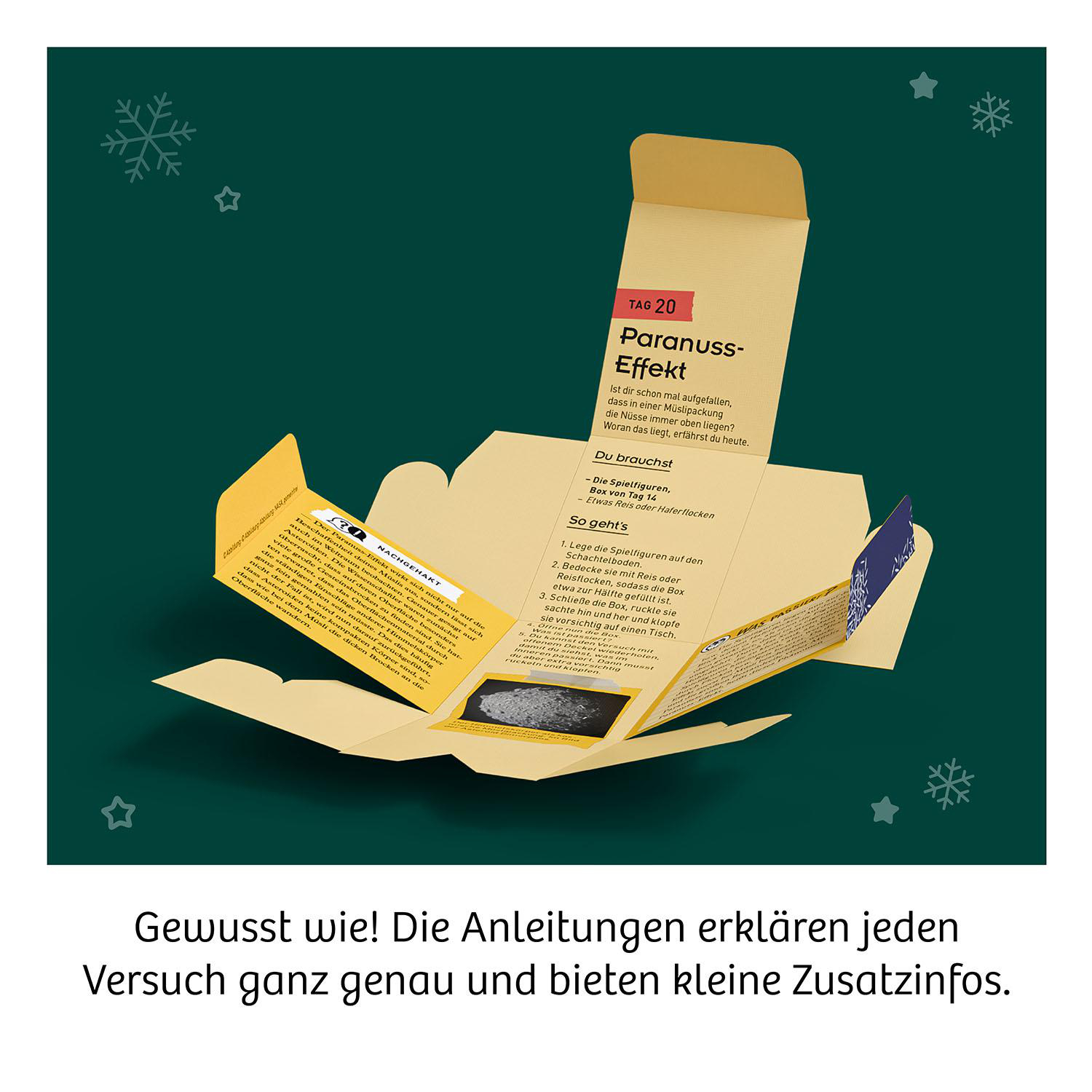 Geöffneter Adventskalender mit Anweisungen. Eine Box mit Text und Illustrationen eines wissenschaftlichen Experiments.