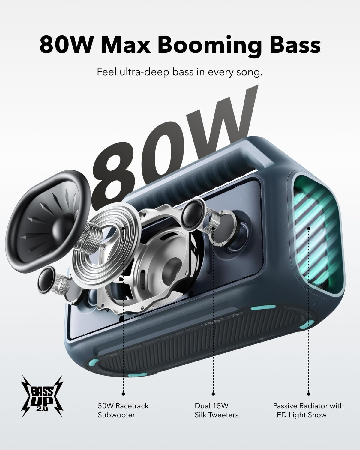 80W yazılı mavi hoparlör. Dahili bileşenler görünür, hoparlör kesilmiş. 'Bass Up 2.0' gösteriliyor.