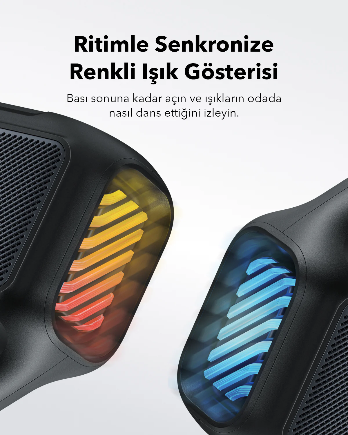 Renkli ışıklarla iki siyah cihaz. Biri sarı, biri mavi. Türkçe metin.