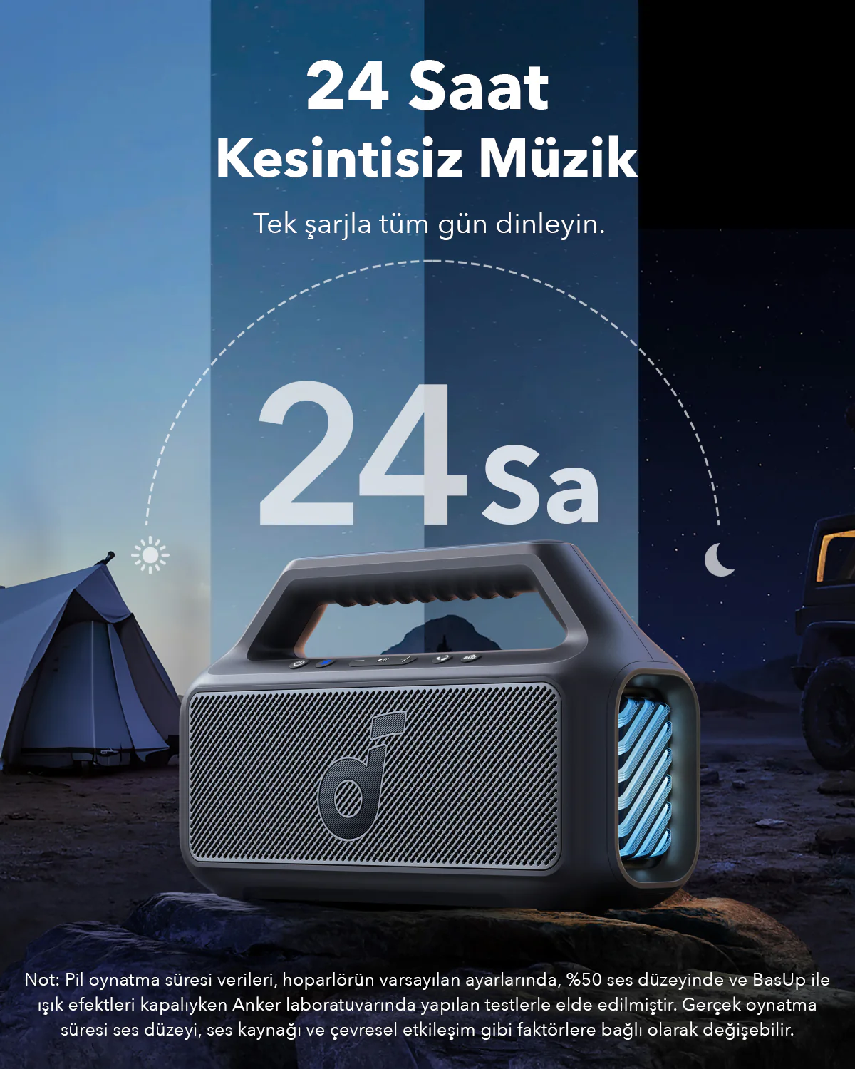 Mavi ışıklı siyah bir hoparlör, "24 Saat Kesintisiz Müzik" yazısı ve çadır/araba resmi.
