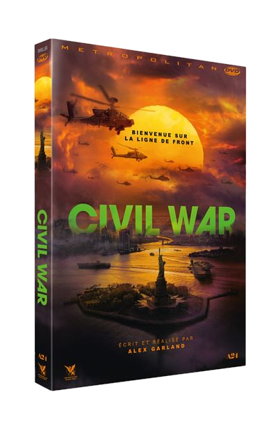 Visuel de la boîte DVD de 'Civil War'. Hélicoptères et paysage urbain en arrière-plan.