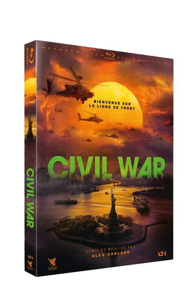 DVD-hoes voor 'Civil War'. Toont een skyline met helikopters en tekst op de voorkant.