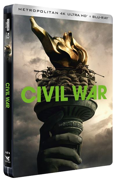 Filmposter voor 'Civil War' met een fakkelstandbeeld en groene tekst.