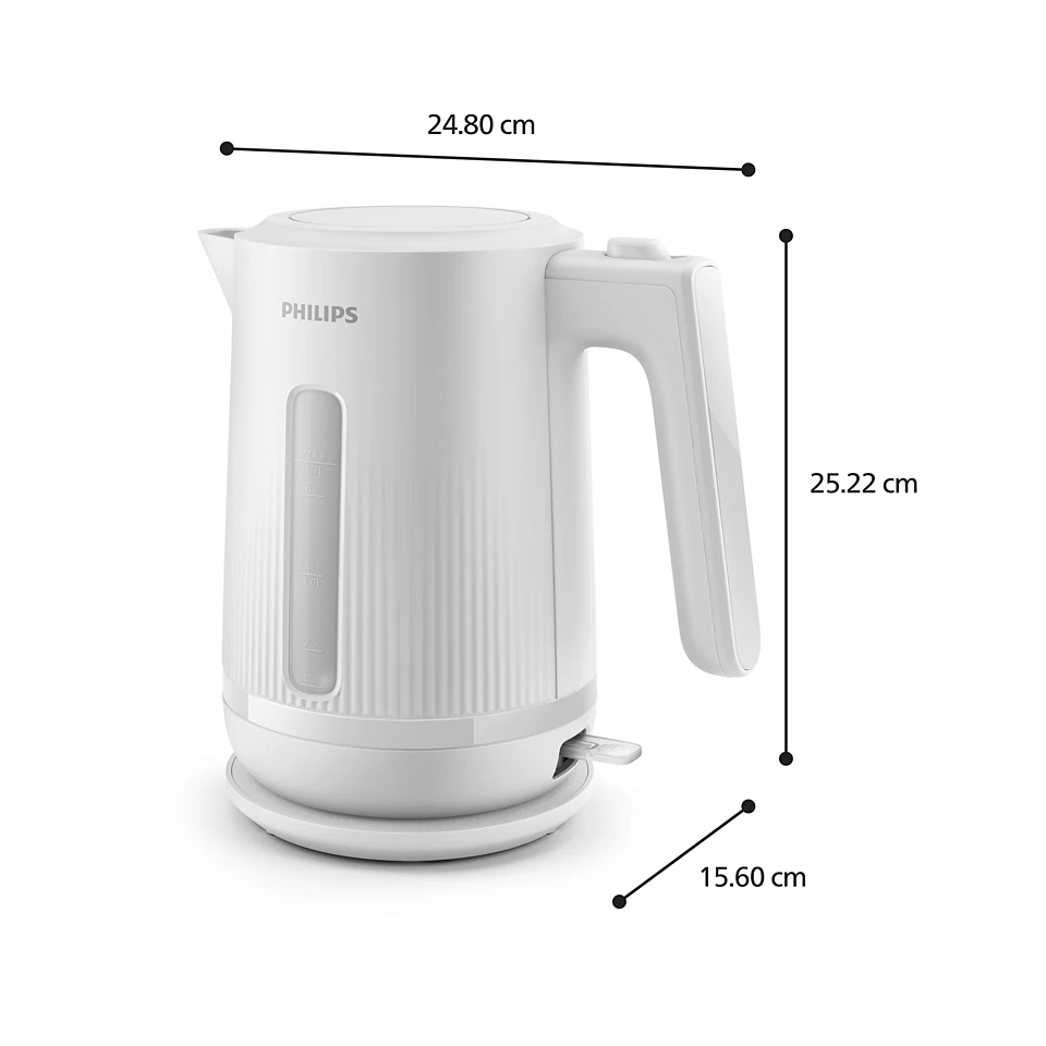 Fehér Philips vízforraló méretekkel: 24,80 cm, 25,22 cm és 15,60 cm.