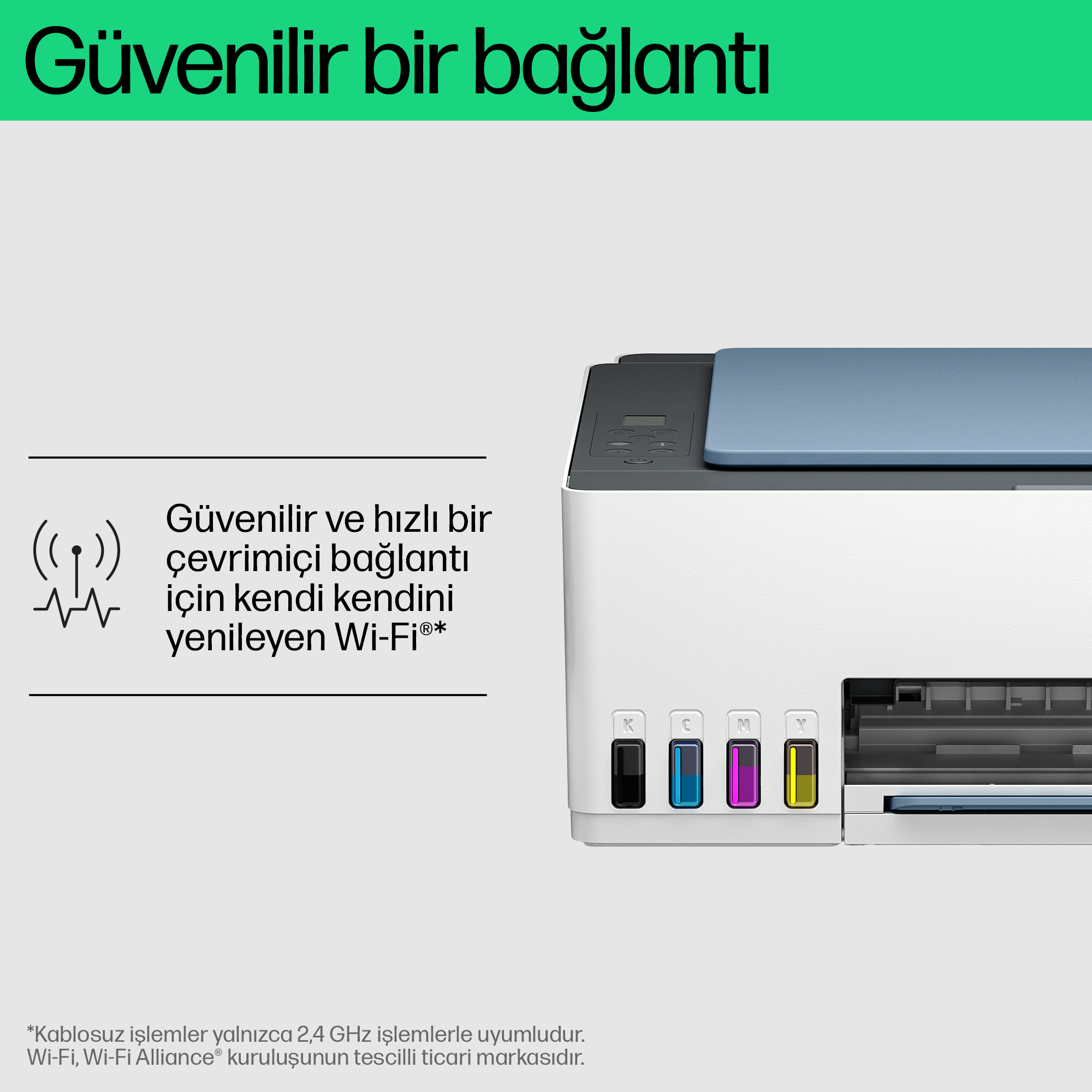 Mürekkep kartuşları ve mavi kapaklı yazıcı. Metin: Güvenilir bağlantı, kendi kendini onaran Wi-Fi.