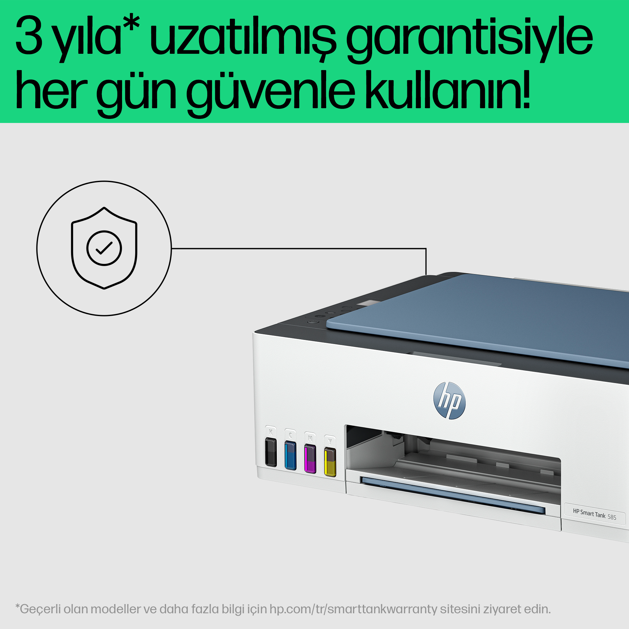 HP Smart Tank 515 yazıcı, garanti kalkanı ve metinle.