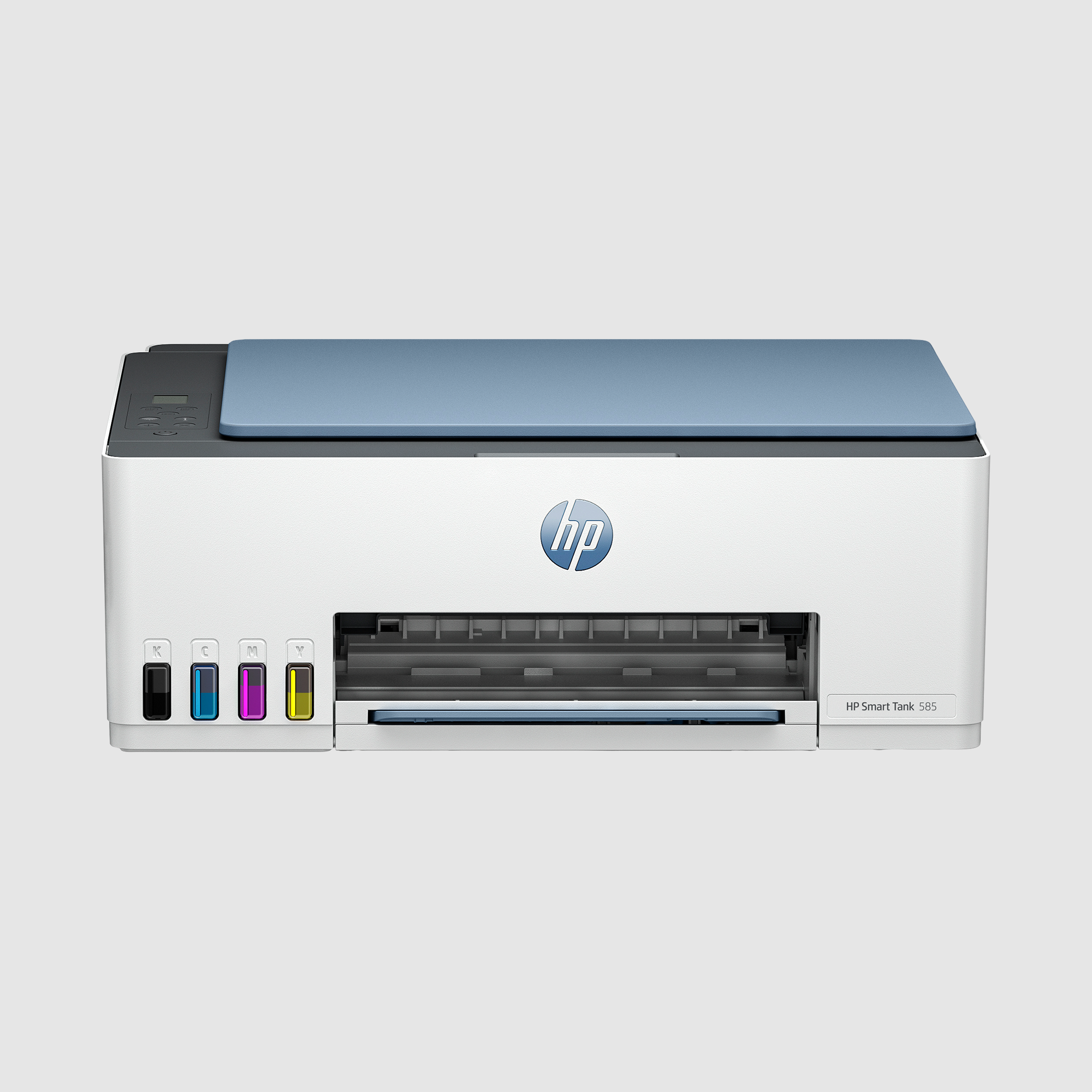 HP Smart Tank 585 yazıcı. Mavi üst kapaklı beyaz, mürekkep kartuşları görünür.