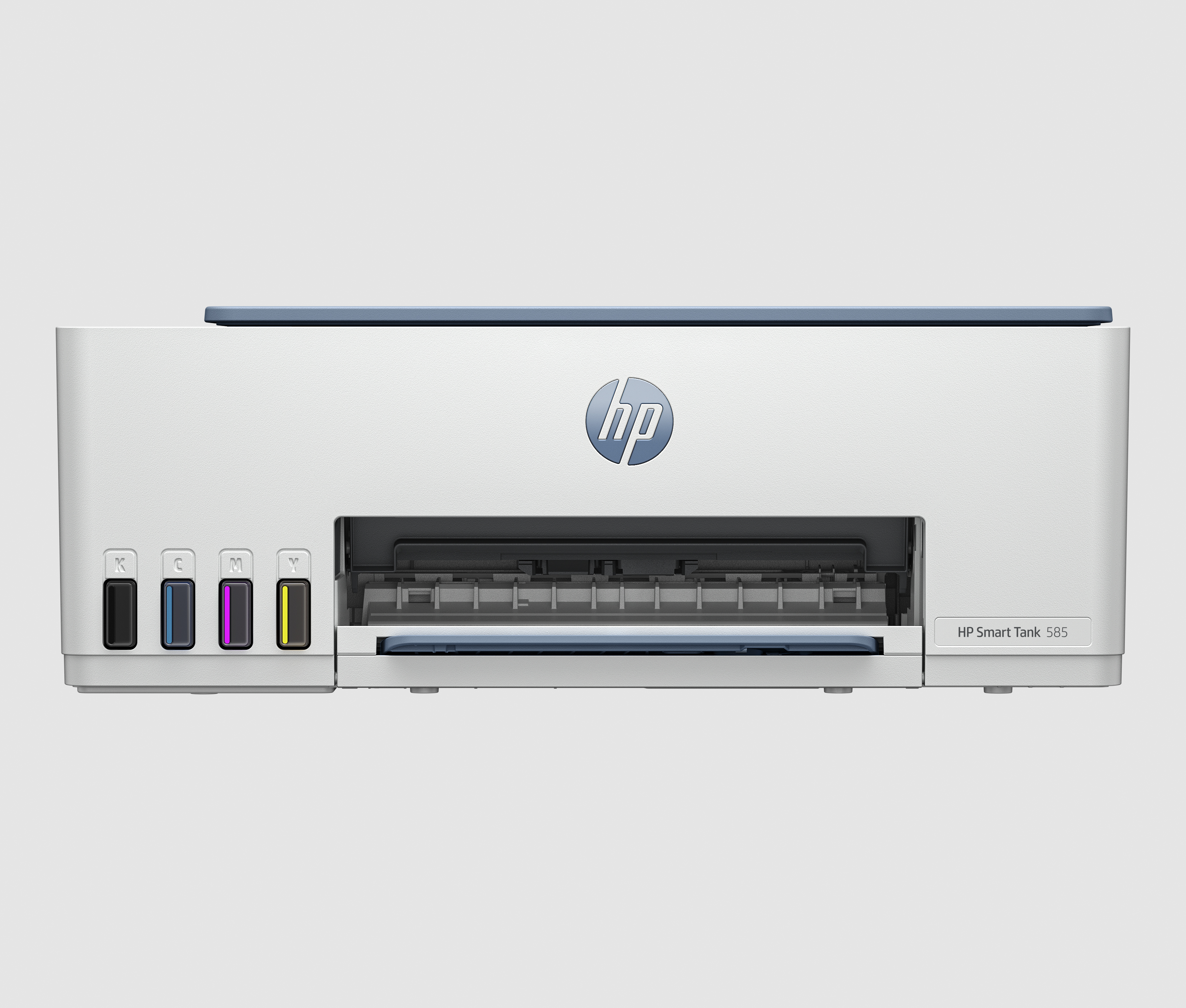 HP Smart Tank 585 yazıcı, beyaz, mavi detaylar ve sol tarafta mürekkep tankları.