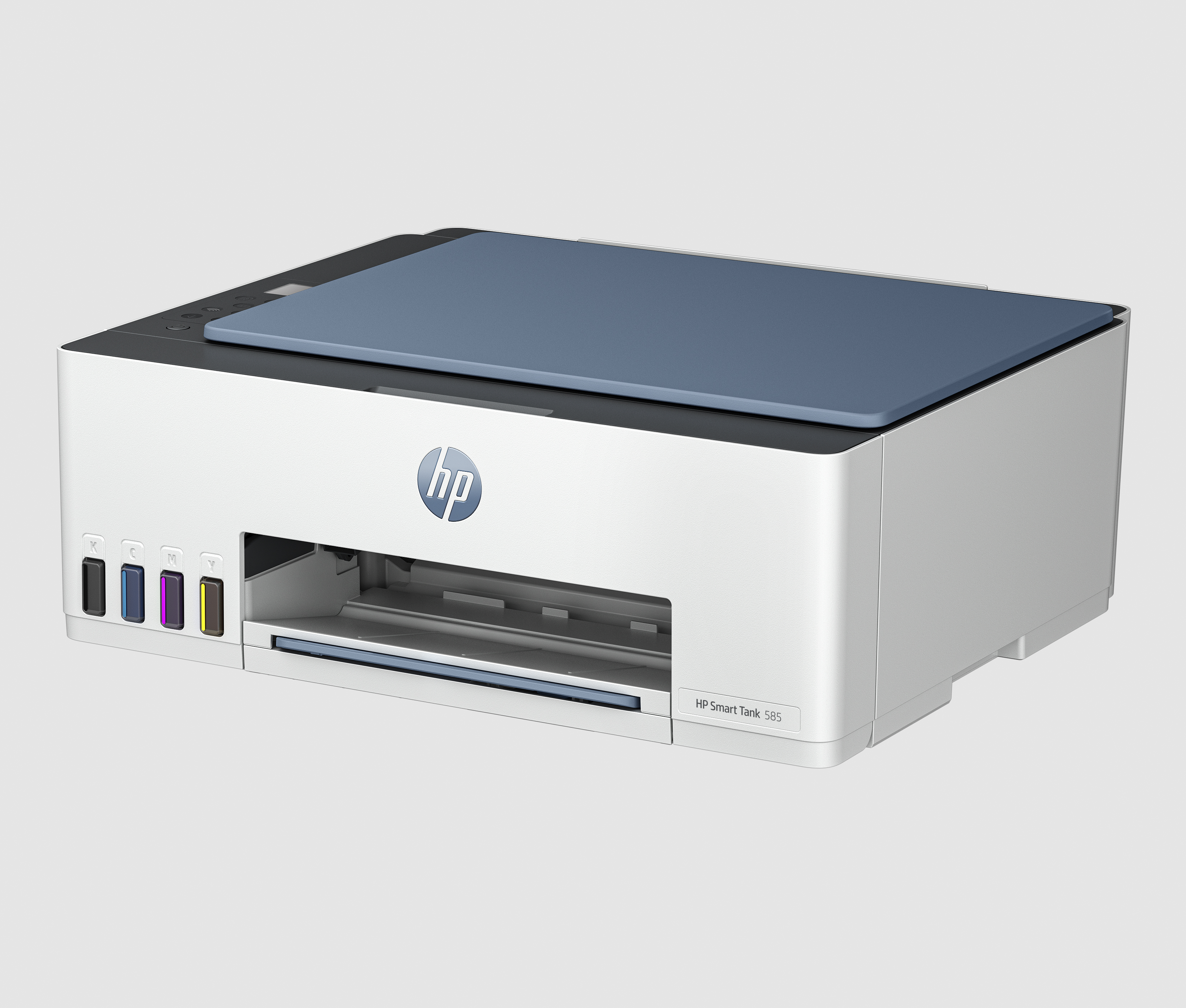 Mavi üst kapaklı beyaz yazıcı. Yanında mürekkep kartuşları ve üzerinde HP logosu var.