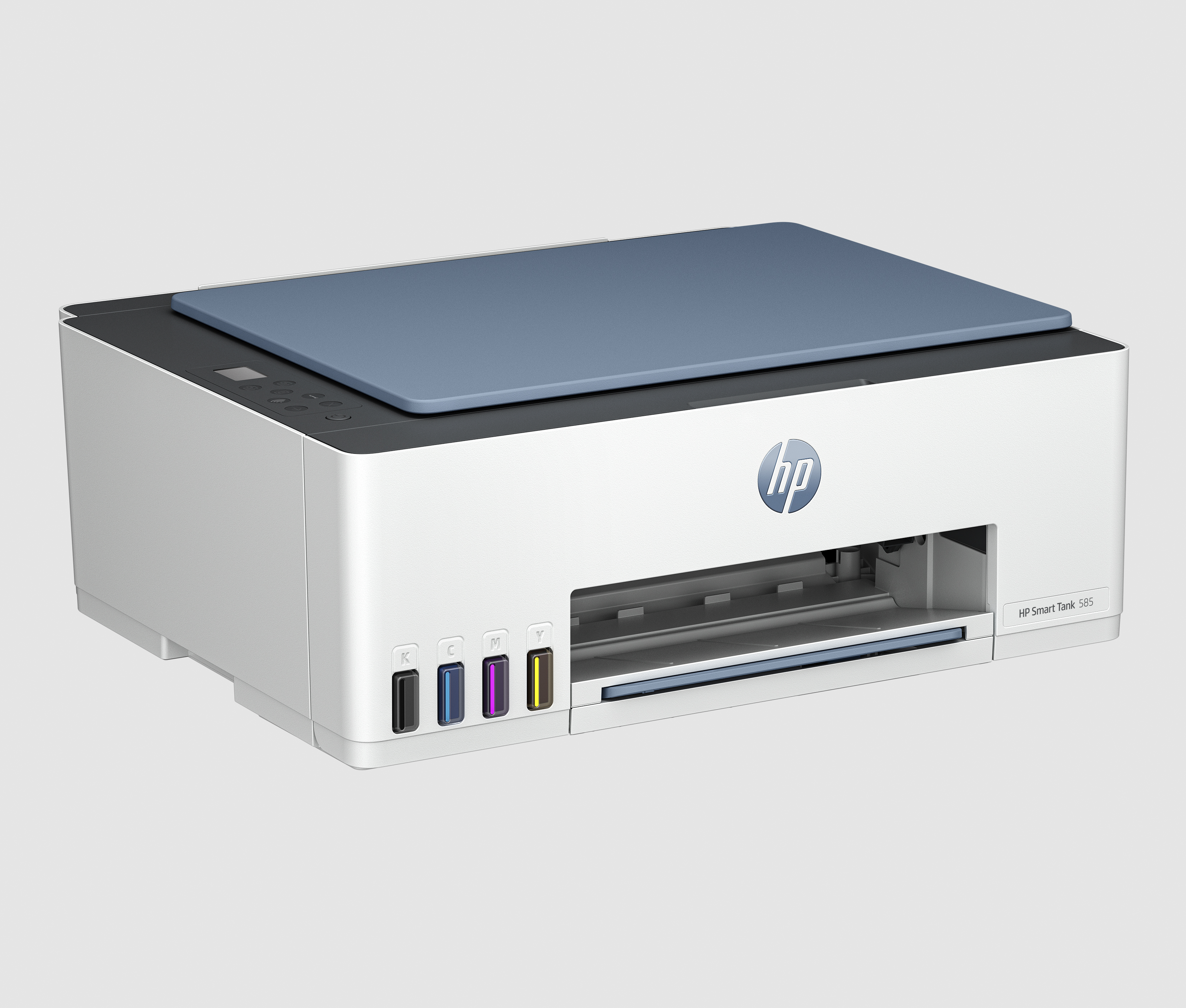 Mürekkep kartuşlu beyaz ve gri bir HP yazıcı.