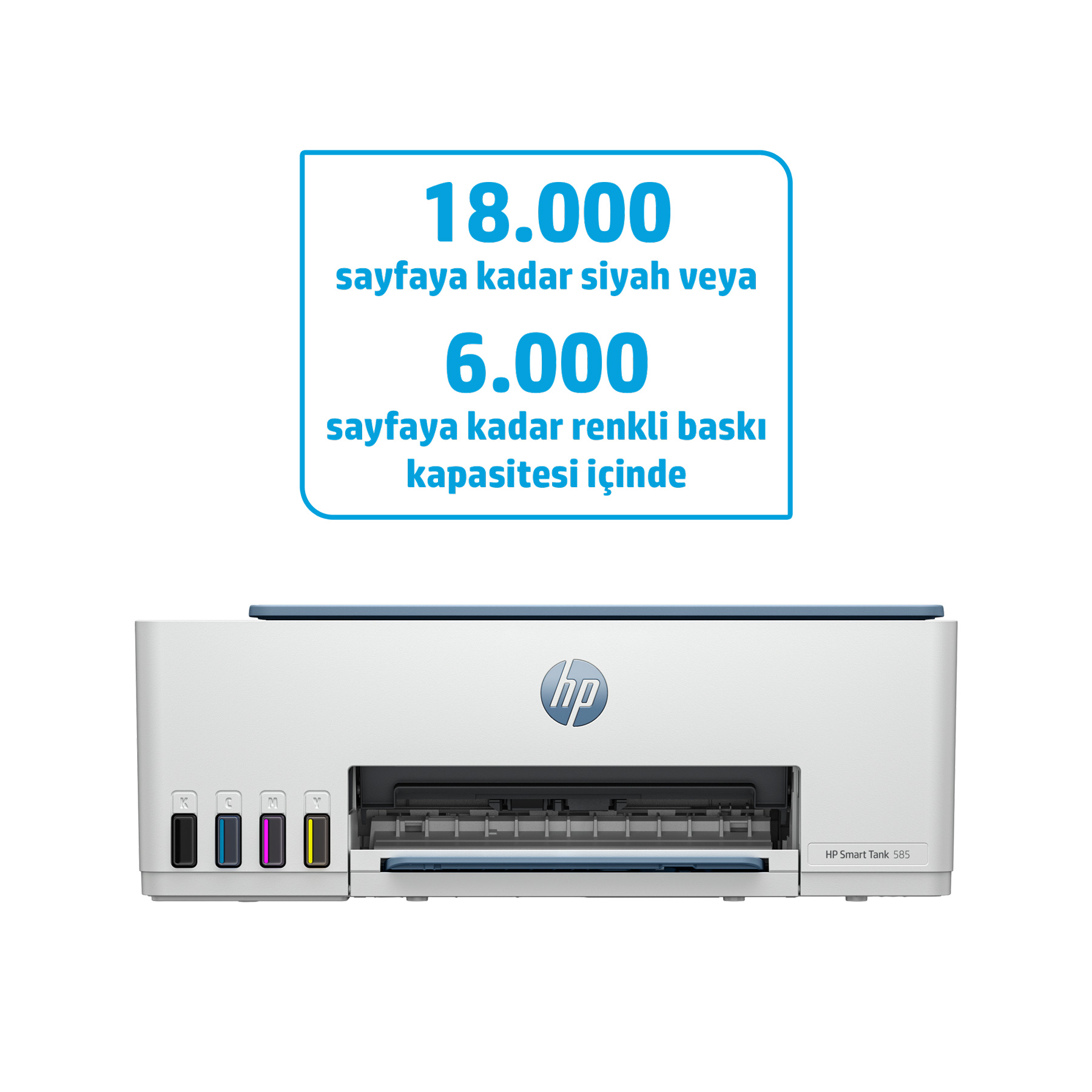 Baskı kapasitesi ve HP logosu hakkında metin içeren beyaz bir HP yazıcı.