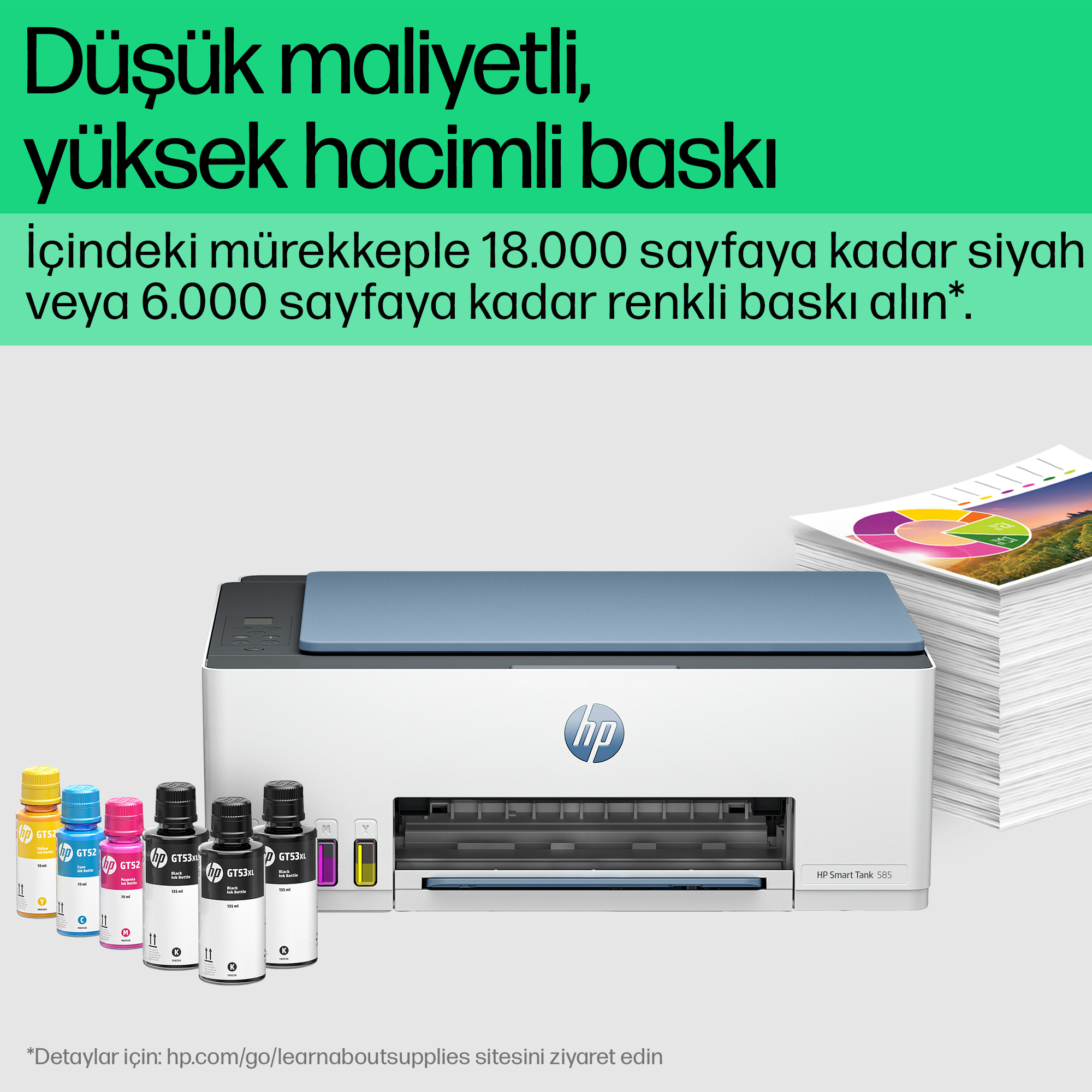 Mürekkep şişeleri ve kağıt bulunan yazıcı. Metin, yüksek hacimli baskıyı gösterir.