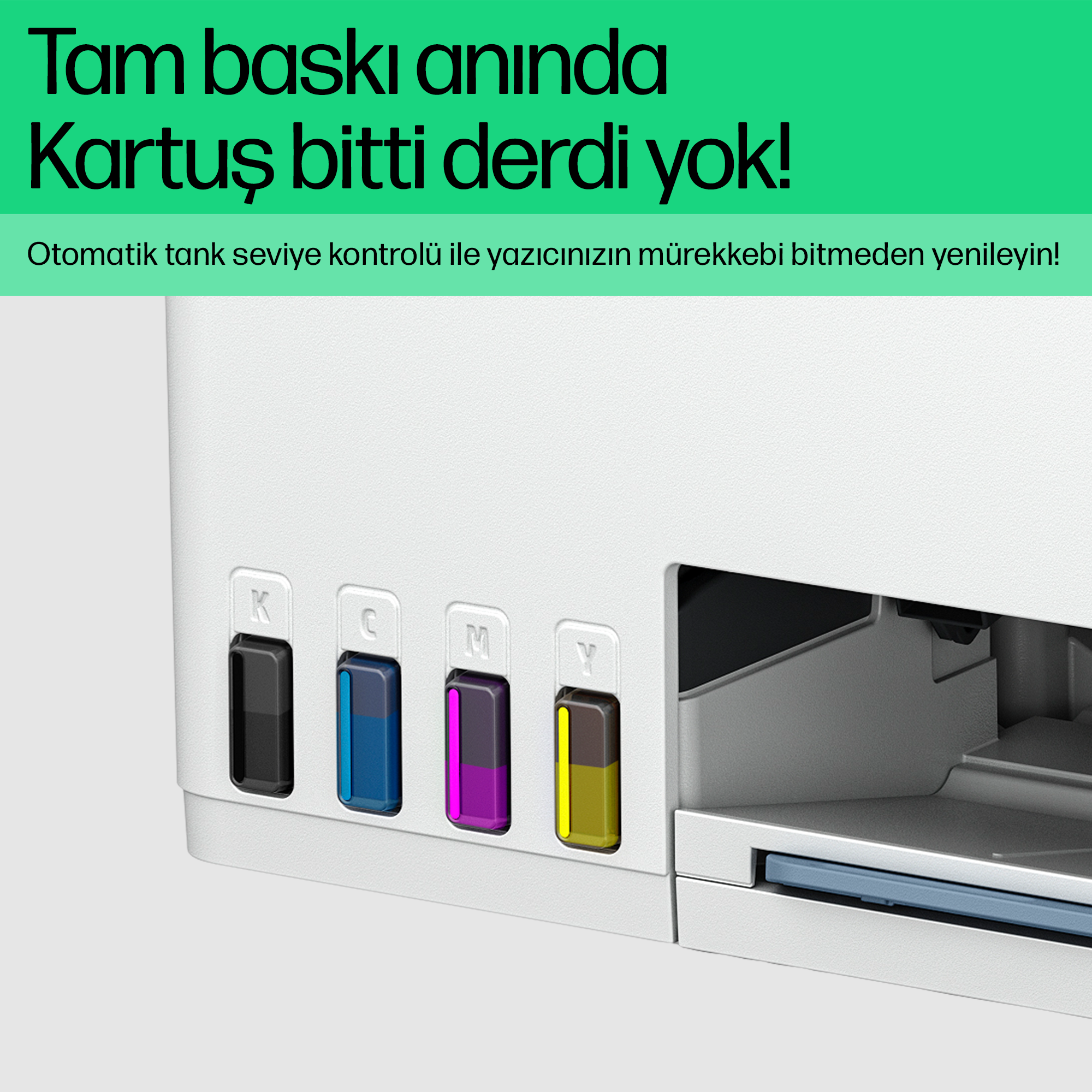 K, C, M, Y olarak etiketlenmiş dört renkli mürekkep kartuşu ile bir mürekkep tankı sisteminin yakın çekimi. Türkçe metin.